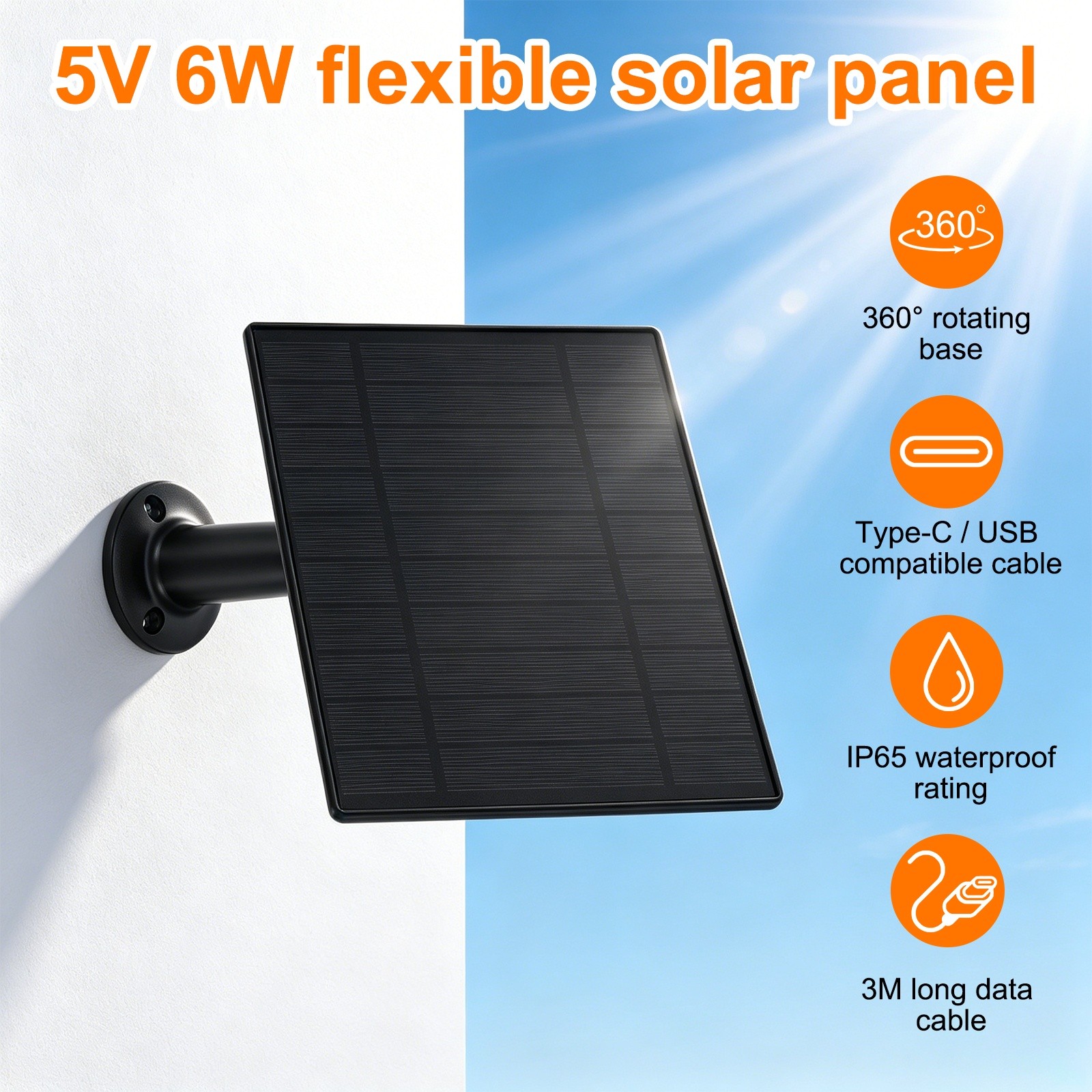 2 Pack of 5V 6W Solar Panel, Waterproof Dual Type-C/USB Solar Charger, Black