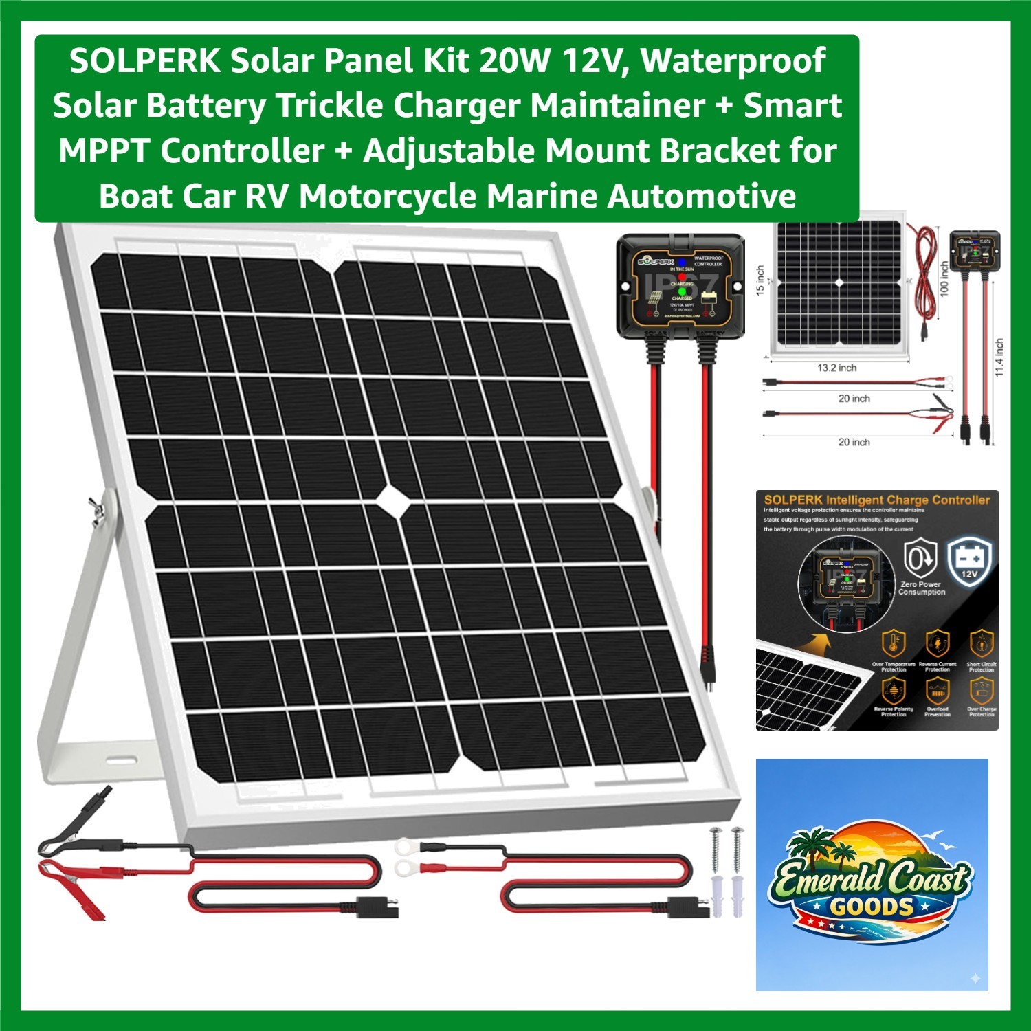 20W 12V Waterproof Solar Panel Kit with Adjustable Mount & Smart MPPT Controller