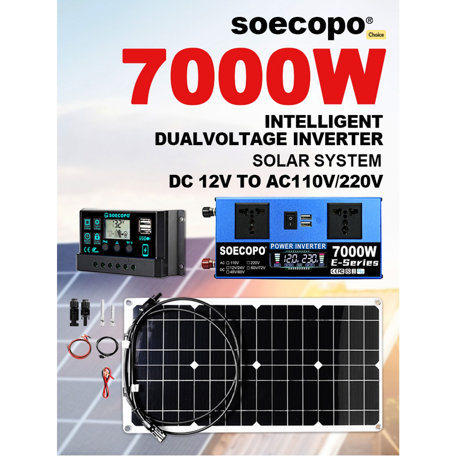 7000W Peak Solar System Kit Flexible Panel DC12V24V AC110V/220V Inverter 100A