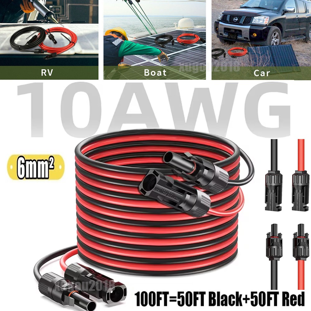 100FT 10 AWG Solar Panel Extension Cable PV Wire Solar Connectors Pair 6mm² US