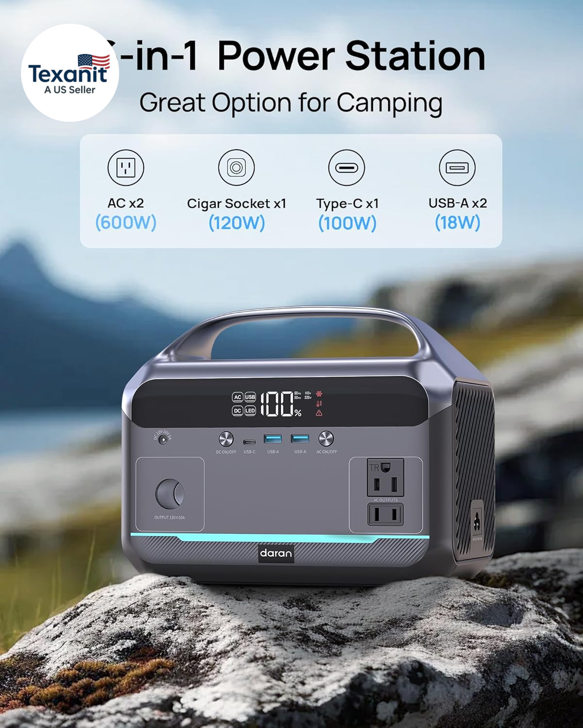 Portable Power Station 600W, 288Wh Lifepo4 Battery Backup Power W/2×600W AC Outl