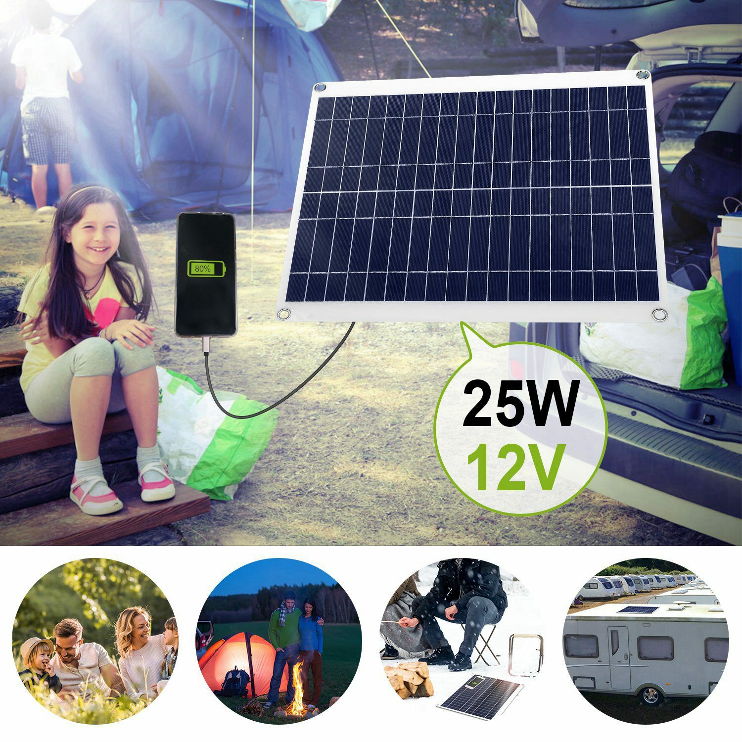 25W 12V Solar Panel USB Port Battery Charger Car RV Boat Outdoor Travel Portable