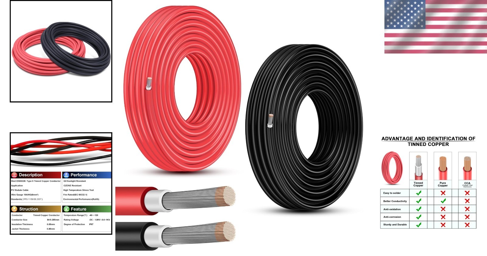 Heavy Duty 10 Gauge Solar Wire 100ft 10AWG Tinned Copper UV Resistant PV Cable