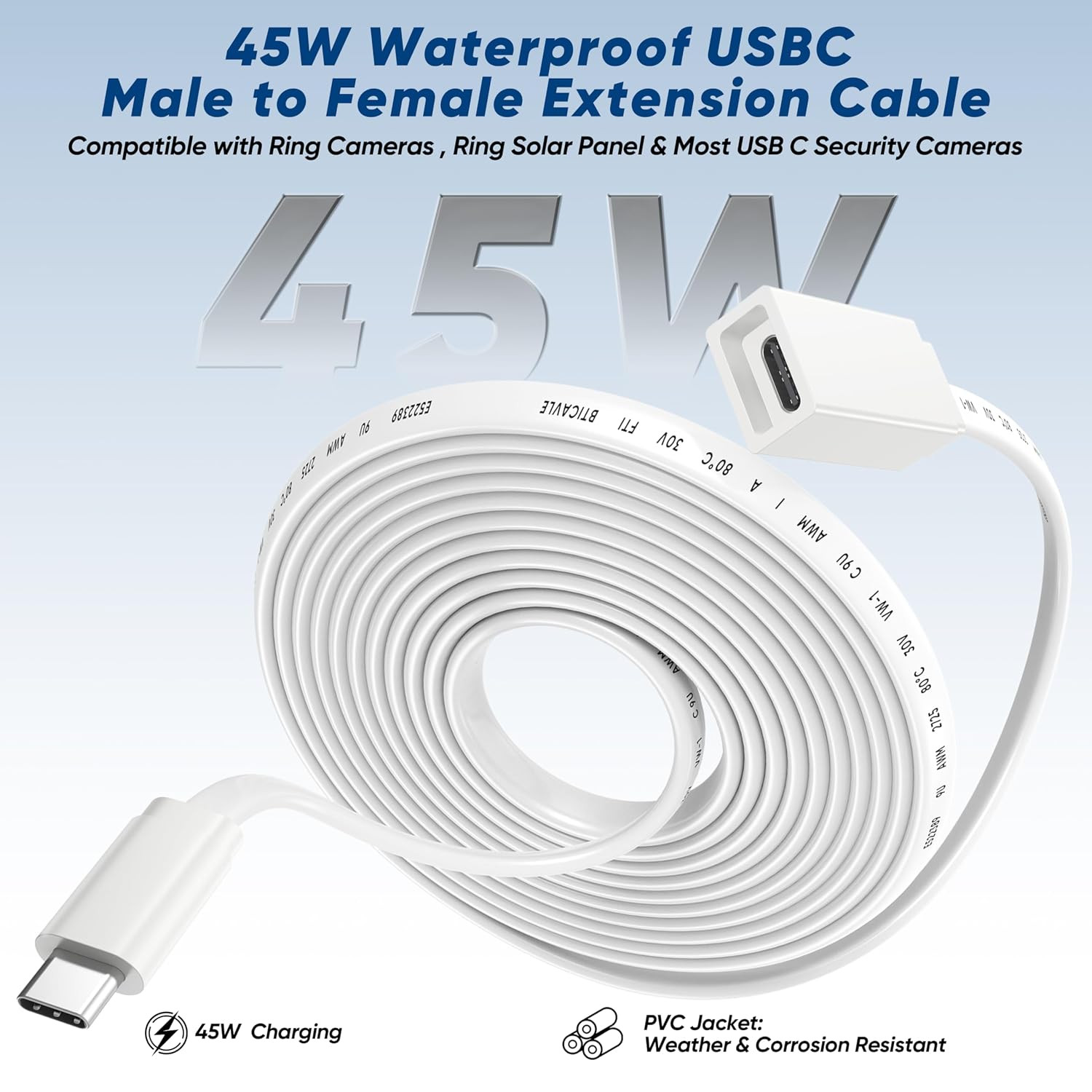USB C Extension Cable 10Ft for Ring Solar Panel & Camera, 45W Charging Waterproo