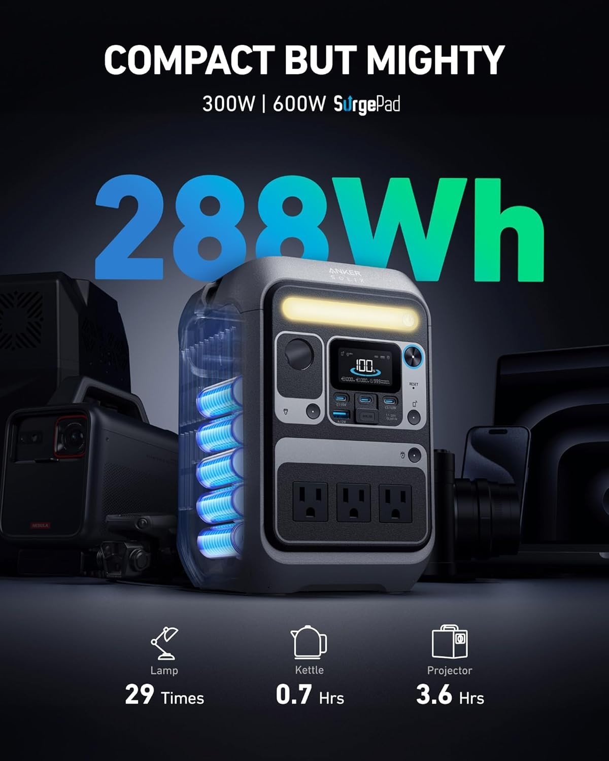 Anker Portable Power Station SOLIX C300, 288Wh LiFePO4 Backup Battery, 300W