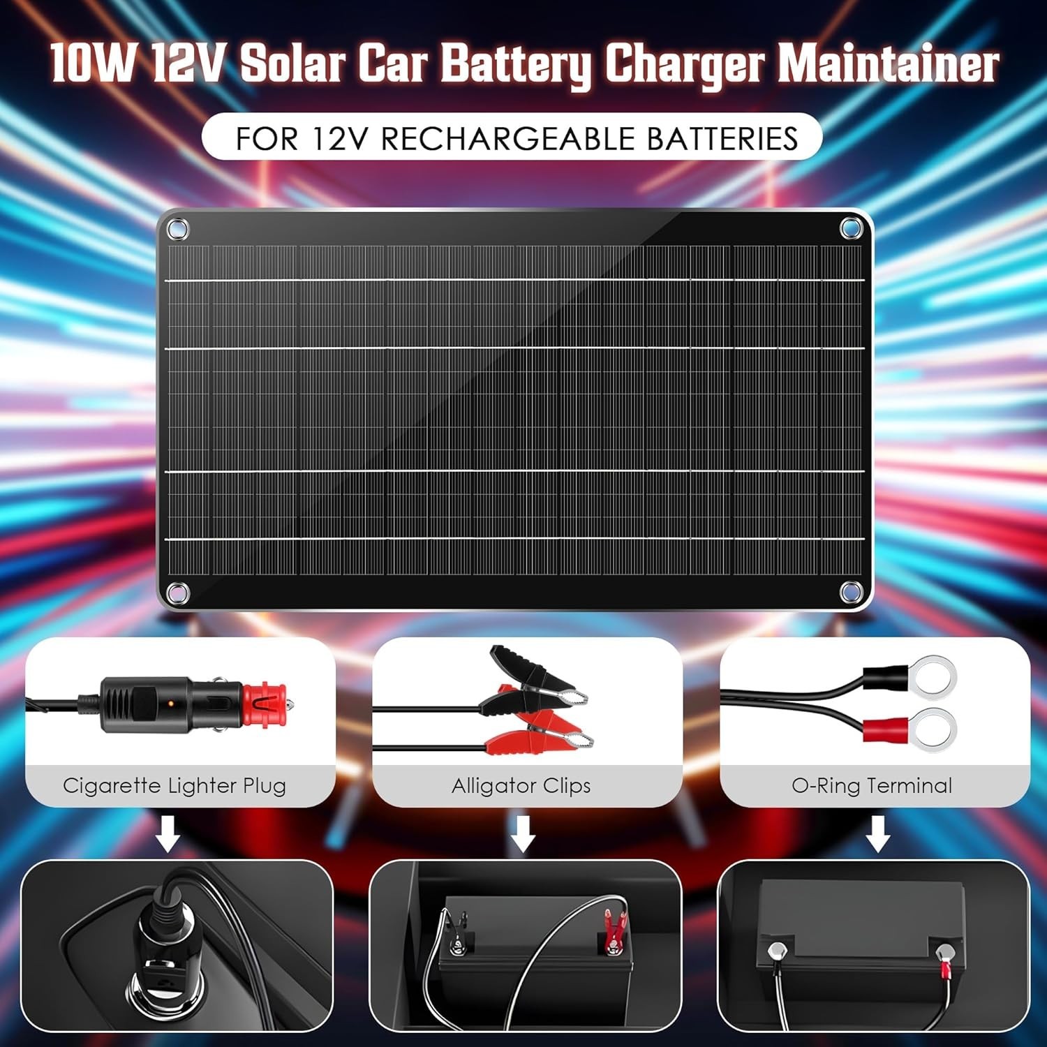 Durable 10W Solar Battery Maintainer with Alligator Clips & Lighter Plug