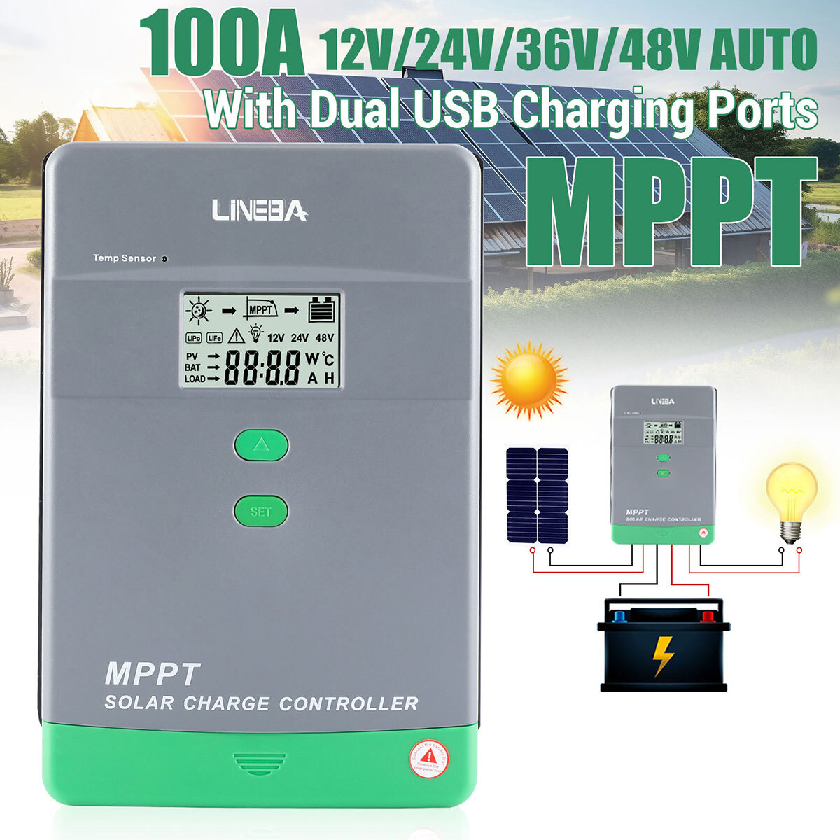 12/24V 30A~100A MPPT Solar Charge Controller Panel Battery Regulator Dual USB