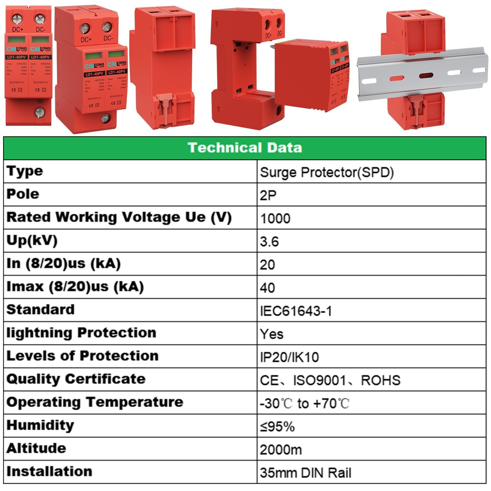Solar PV DC 1000V 40KA Surge Protector Lightning Arrester 2Pc DIN Rail