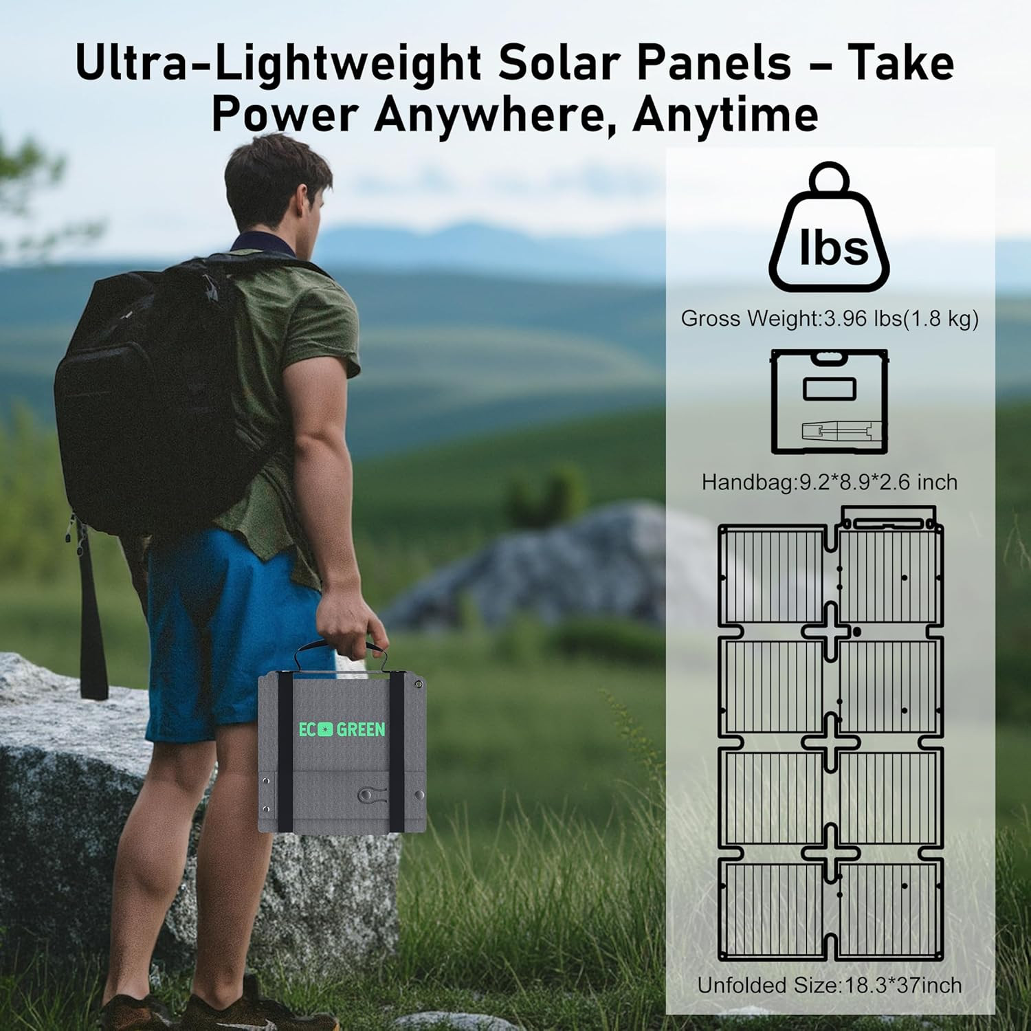 60W Portable Solar Panel, High Efficiency, Waterproof, USB-C for Camping & RV