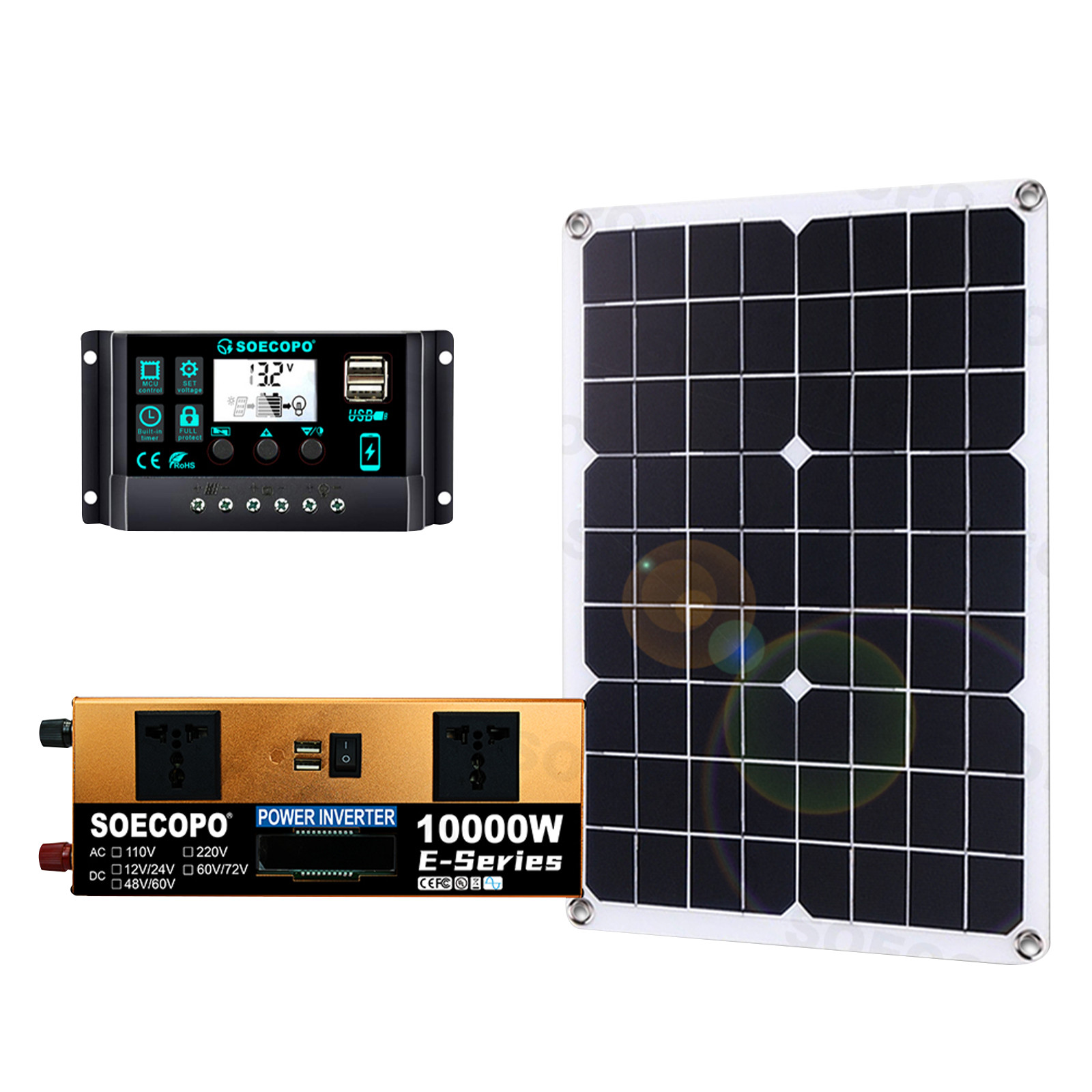 10000W Solar Kit 500W Panel 100A MPPT Controller DC Cable 12V/24V to 220V/110VMH