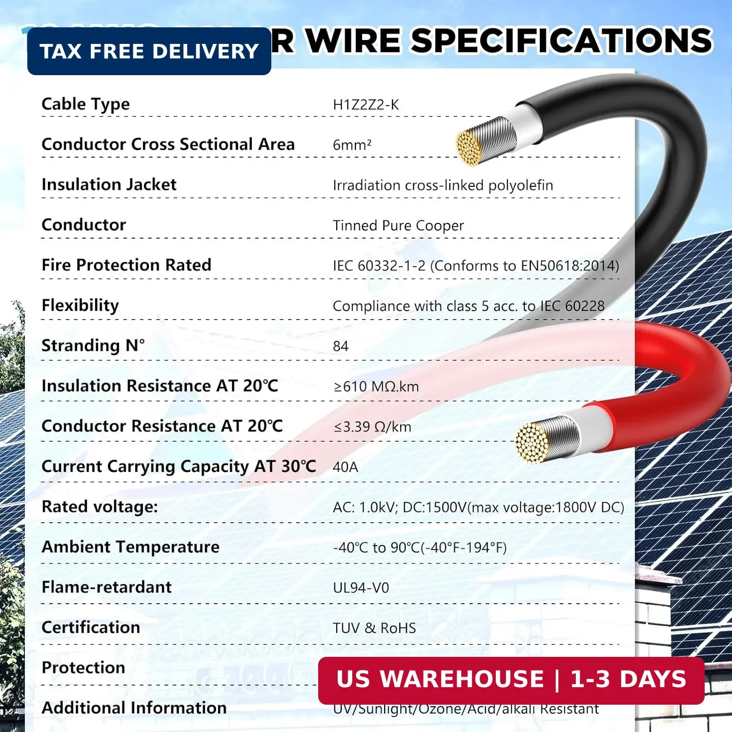 10AWG Solar Wire, Solar Cable 50Ft, Solar Extension Cable, Solar Panel Wire, 10