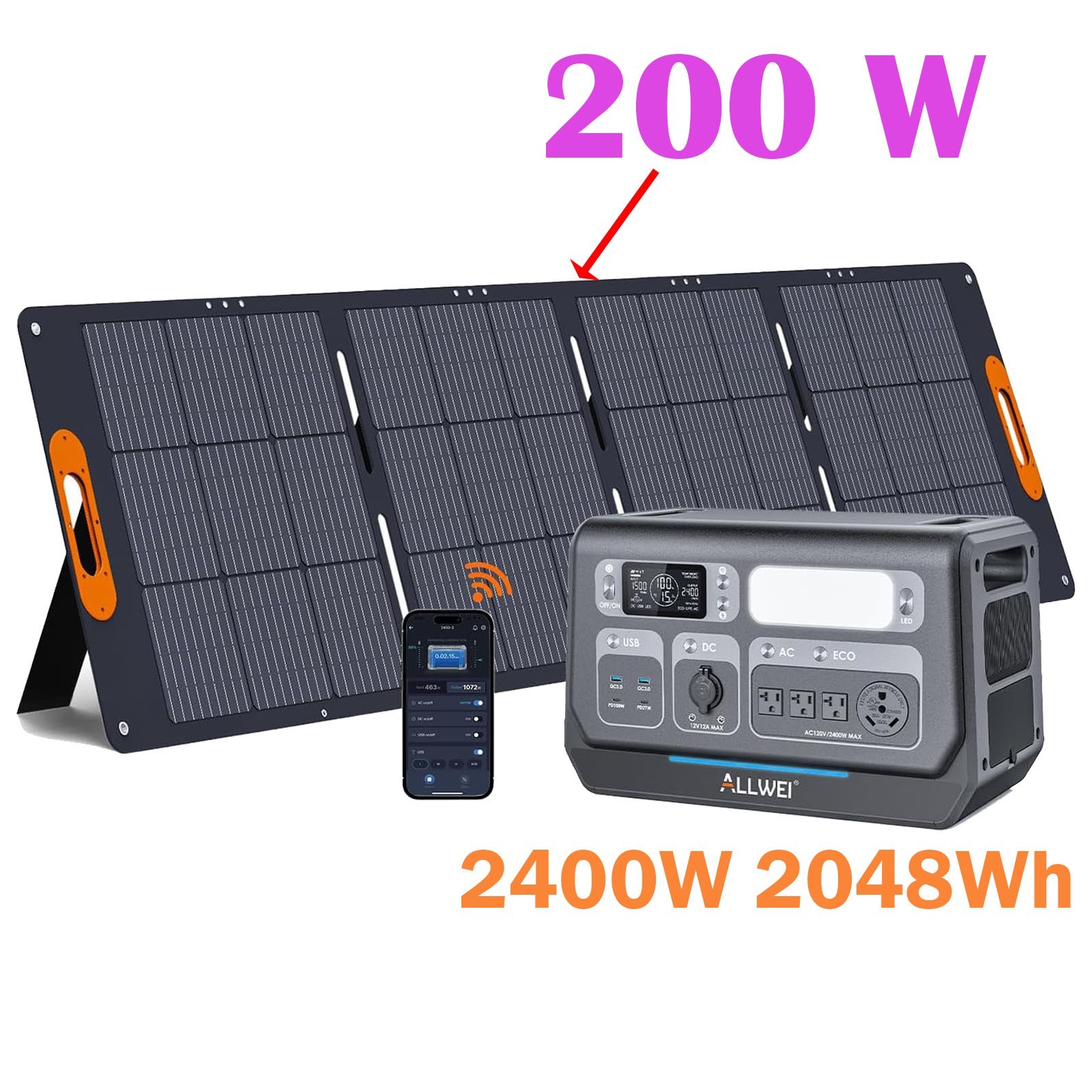 ALLWEI Solar Generator 2400 Portable Power Station, 2048Wh LiFePO4 Battery 2400W