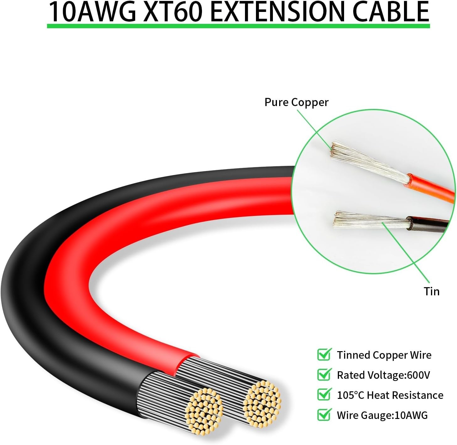 10AWG XT60 Extension Cable 30FT, XT60 Cable with Male to Female Connector for Po