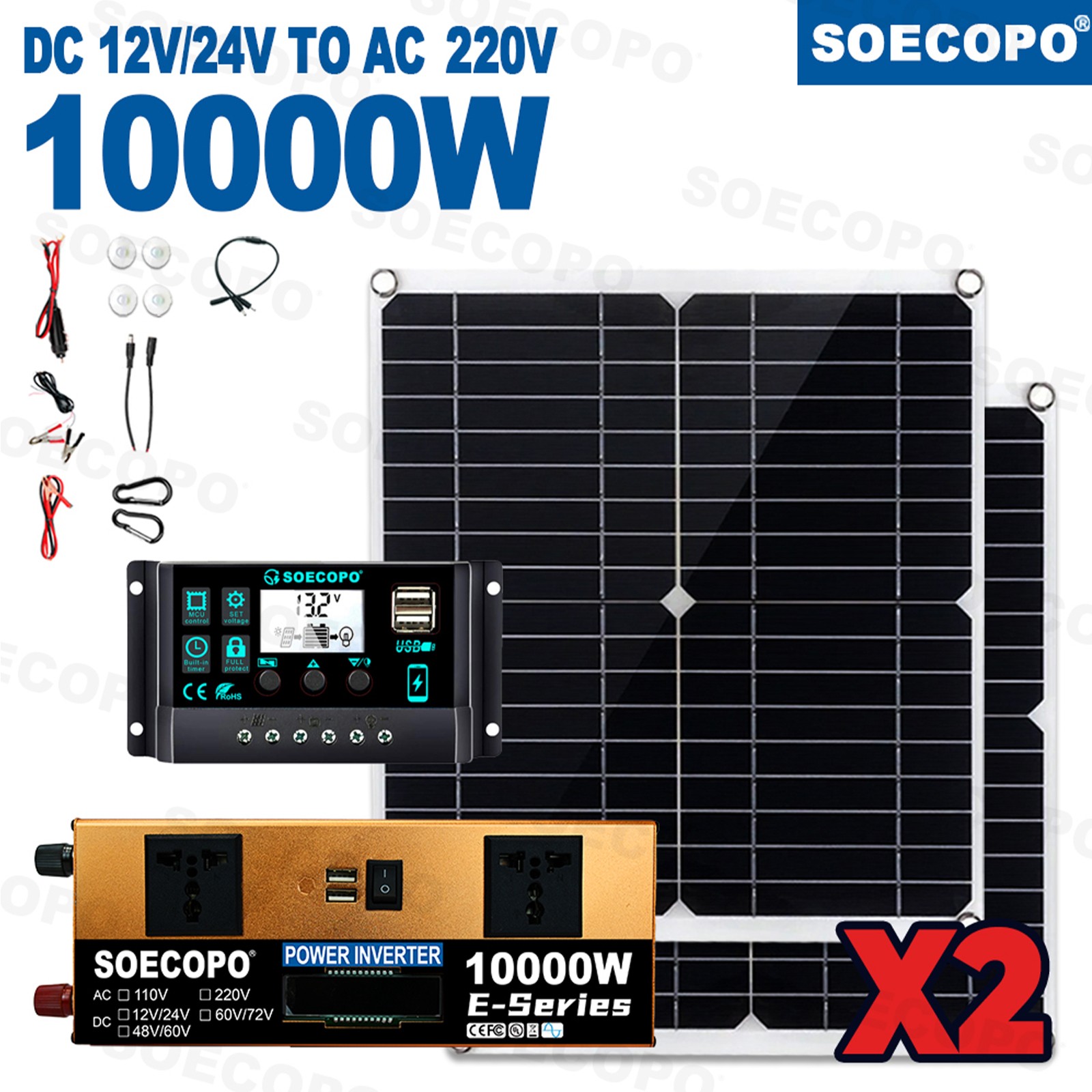 Off-Grid Solar Kit 10000W Sine Wave Inverter +2pcs Solar Panels+100A Controller