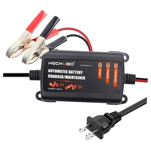 HECHOBO 12v 2A Battery Charger, Trickle Charger for Lawn Mower Battery, 4