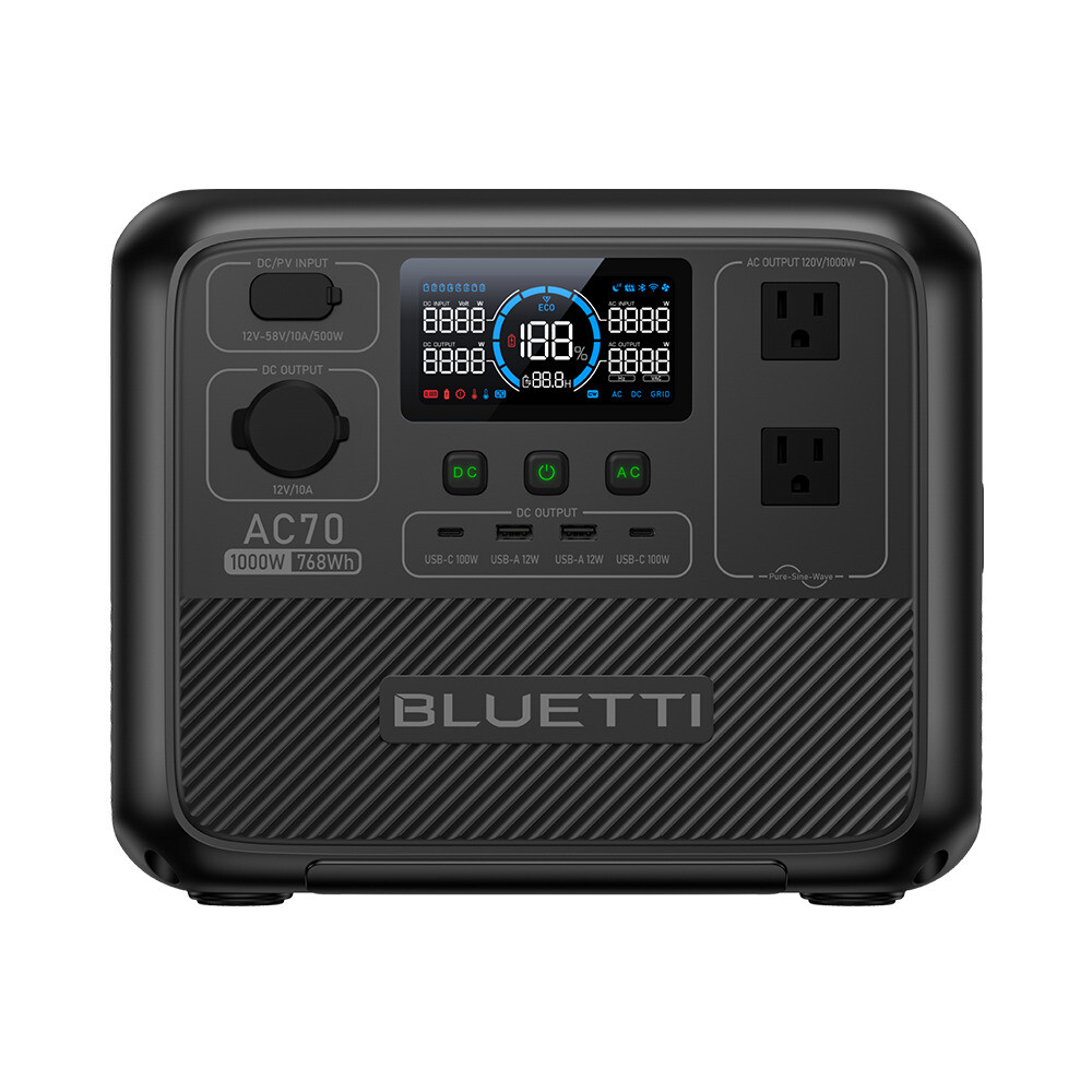 BLUETTI AC70 1000W 768Wh Portable Power Station+100W Solar Panel Off-Grid Living