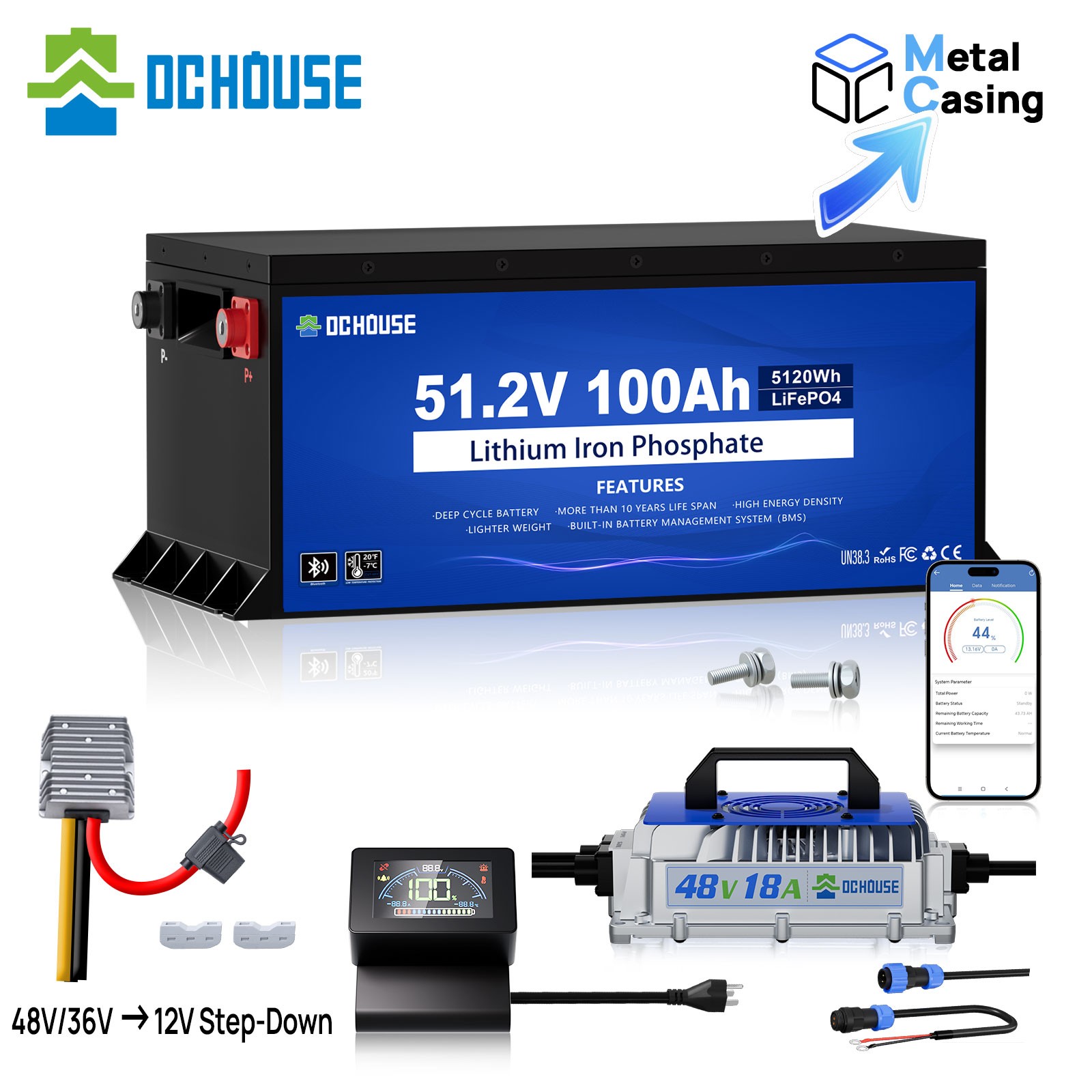 DCHOUSE 48V 100AH Lithium LiFePO4 Battery with 18A Charger Metal Case Golf Cart