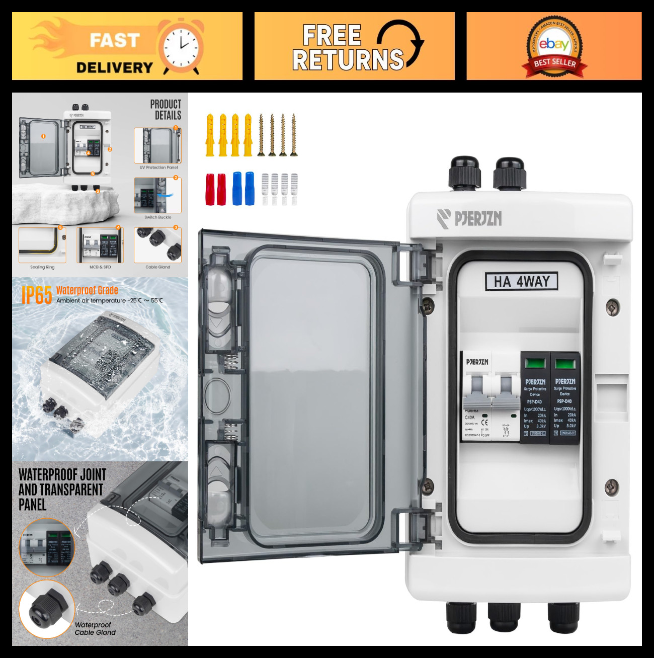 Solar Combiner Box 1000V DC 40A with SPD Power Distribution for Off-Grid Systems