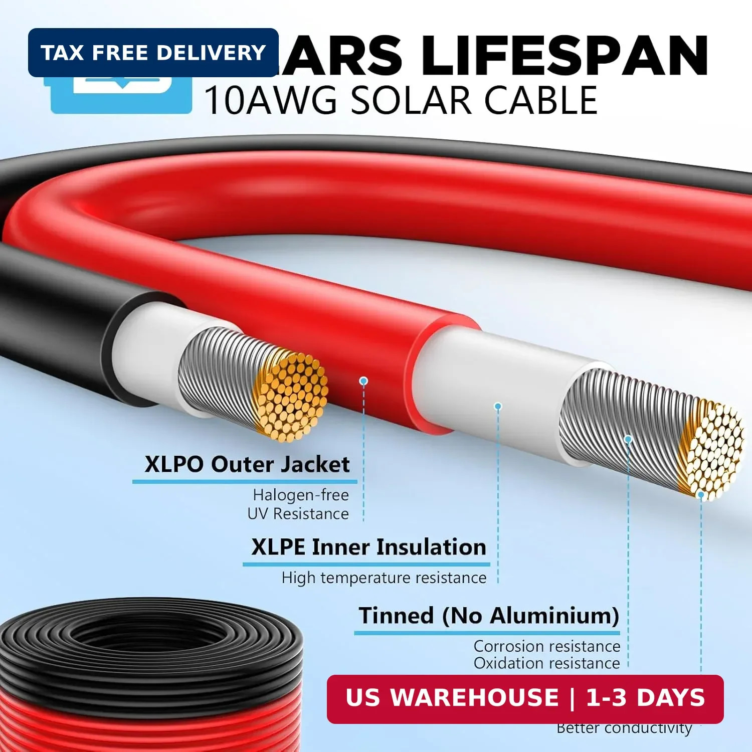 10AWG Solar Wire, Solar Cable 50Ft, Solar Extension Cable, Solar Panel Wire, 10
