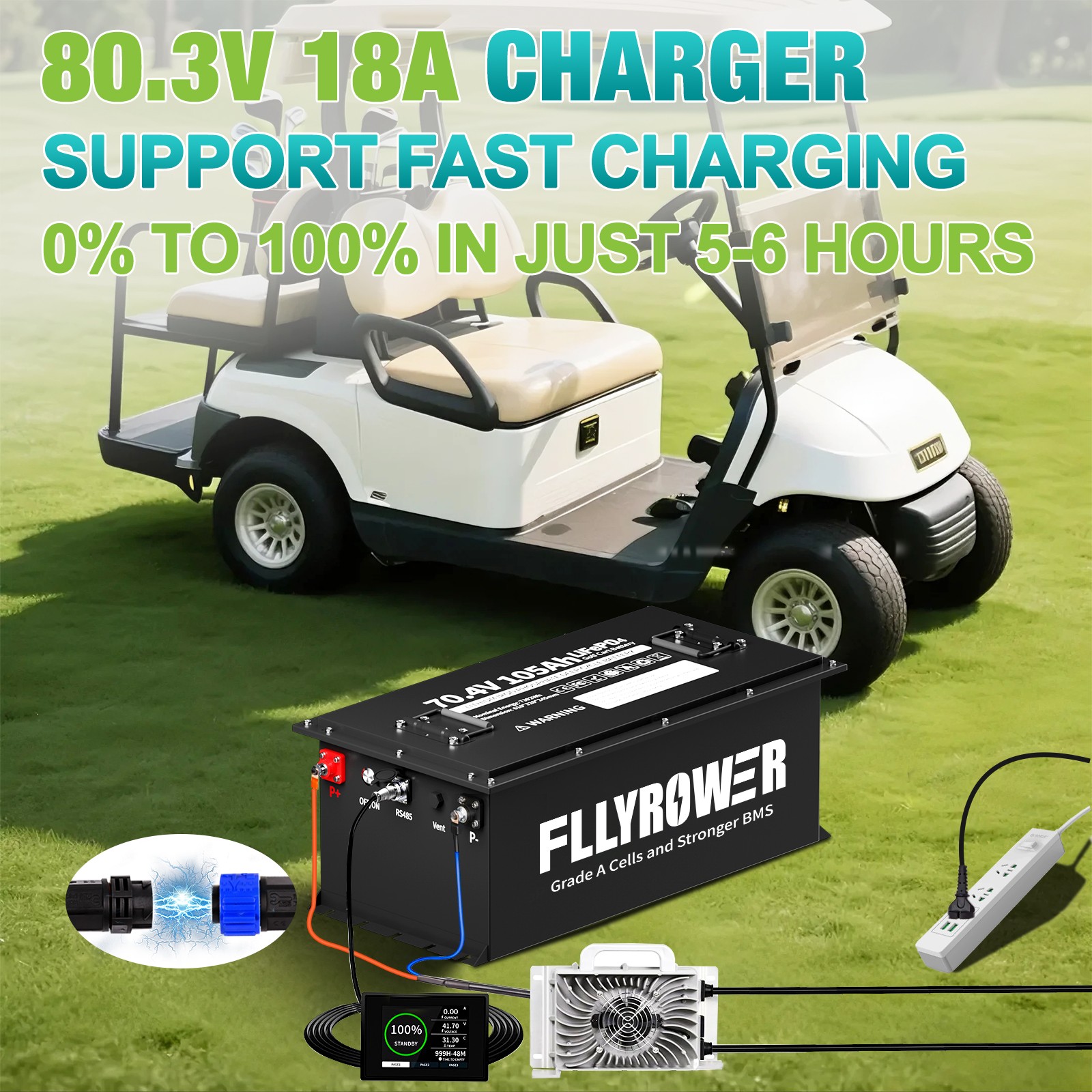 1-4X 72V 105Ah Golf Cart LiFePO4 Lithium BT Battery 200A BMS+Monitor+18A Charger