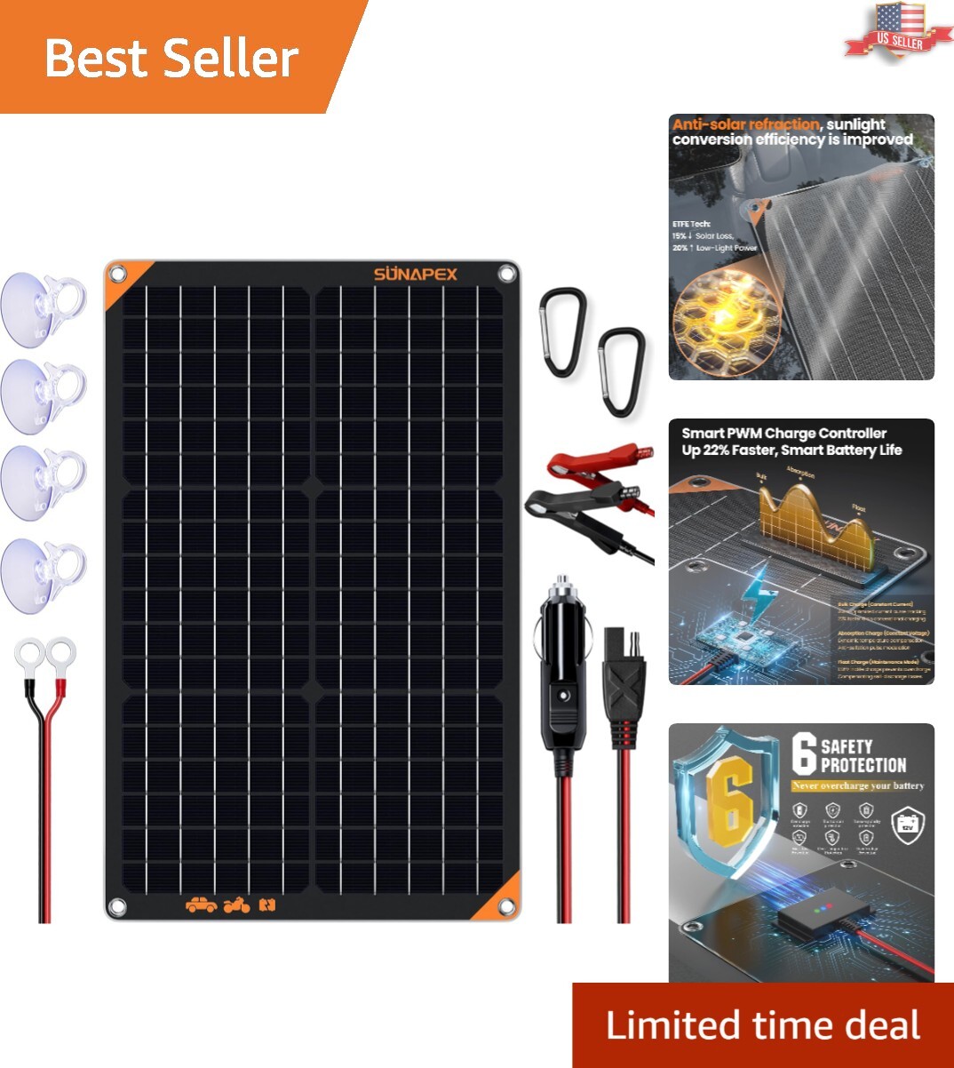 High-Efficiency 30W Solar Battery Maintainer – Built-In Controller Included