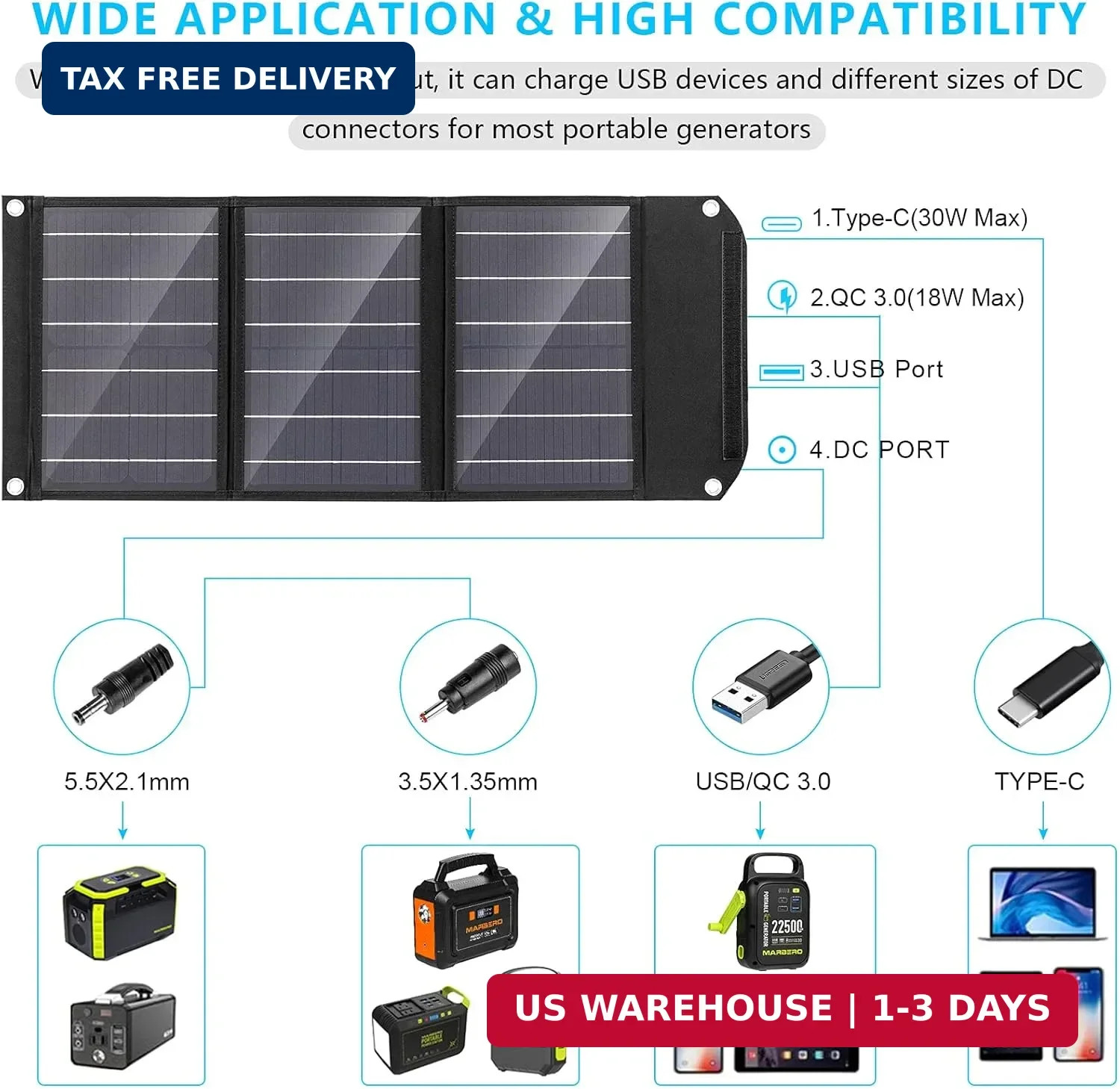 Portable Solar Panel 30W Solar Panel Charger 23% High Efficiency Foldable Panels
