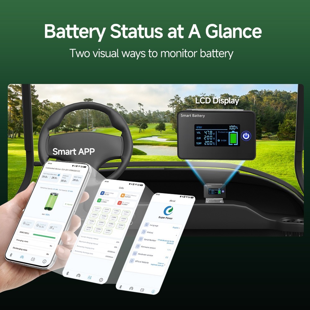 48V 100Ah LiFePO4 Golf Cart Battery and 18A Charger for Club Car RV Bluetooth