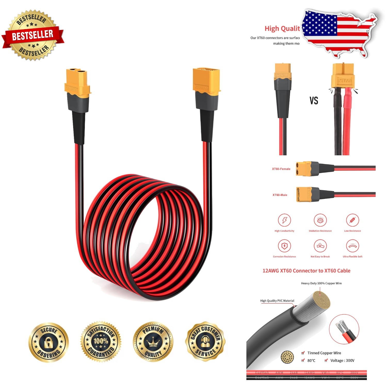 Durable 75ft XT60 Extension Cable: 12AWG Tinned Copper, Wide RC Application