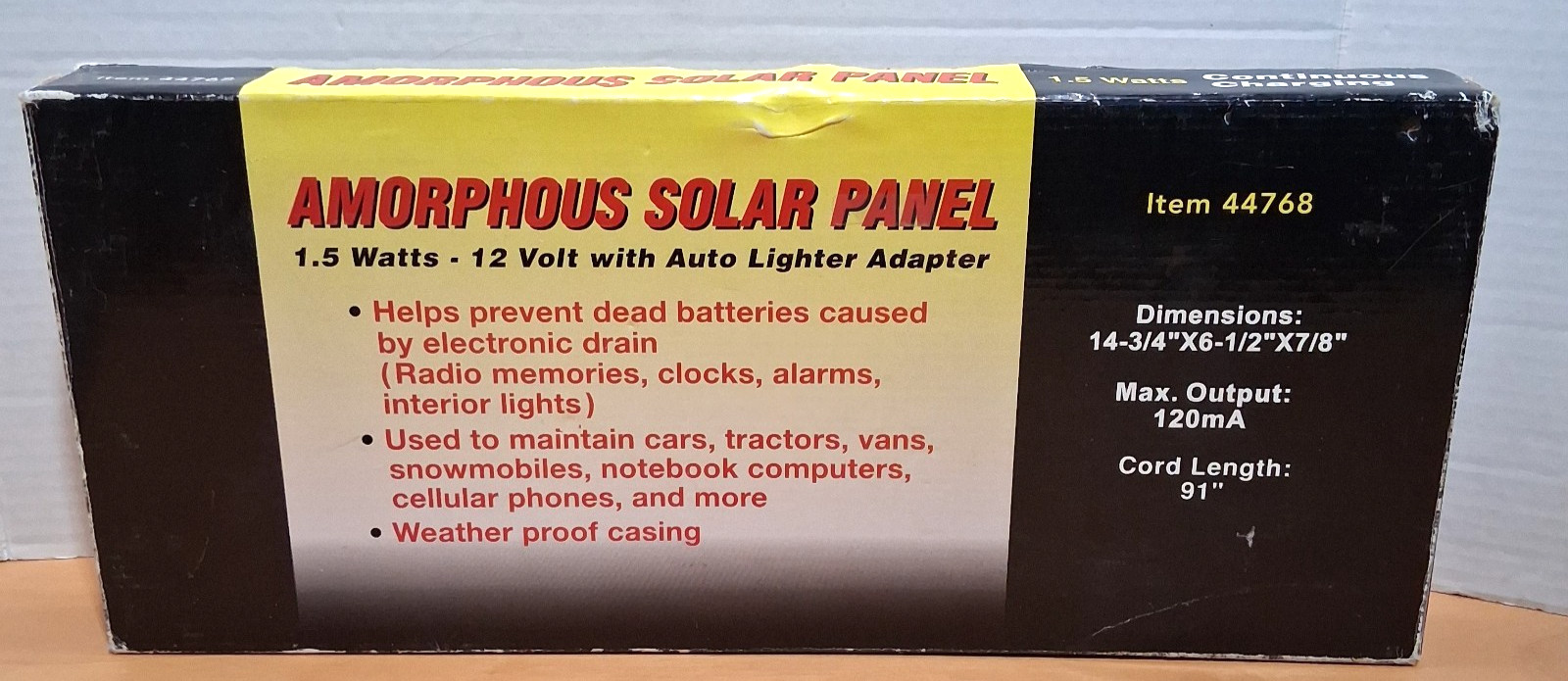1.5 Watts – Amorphous Solar Panel – 12V Power Port Adapter – Model 44768 – NOS