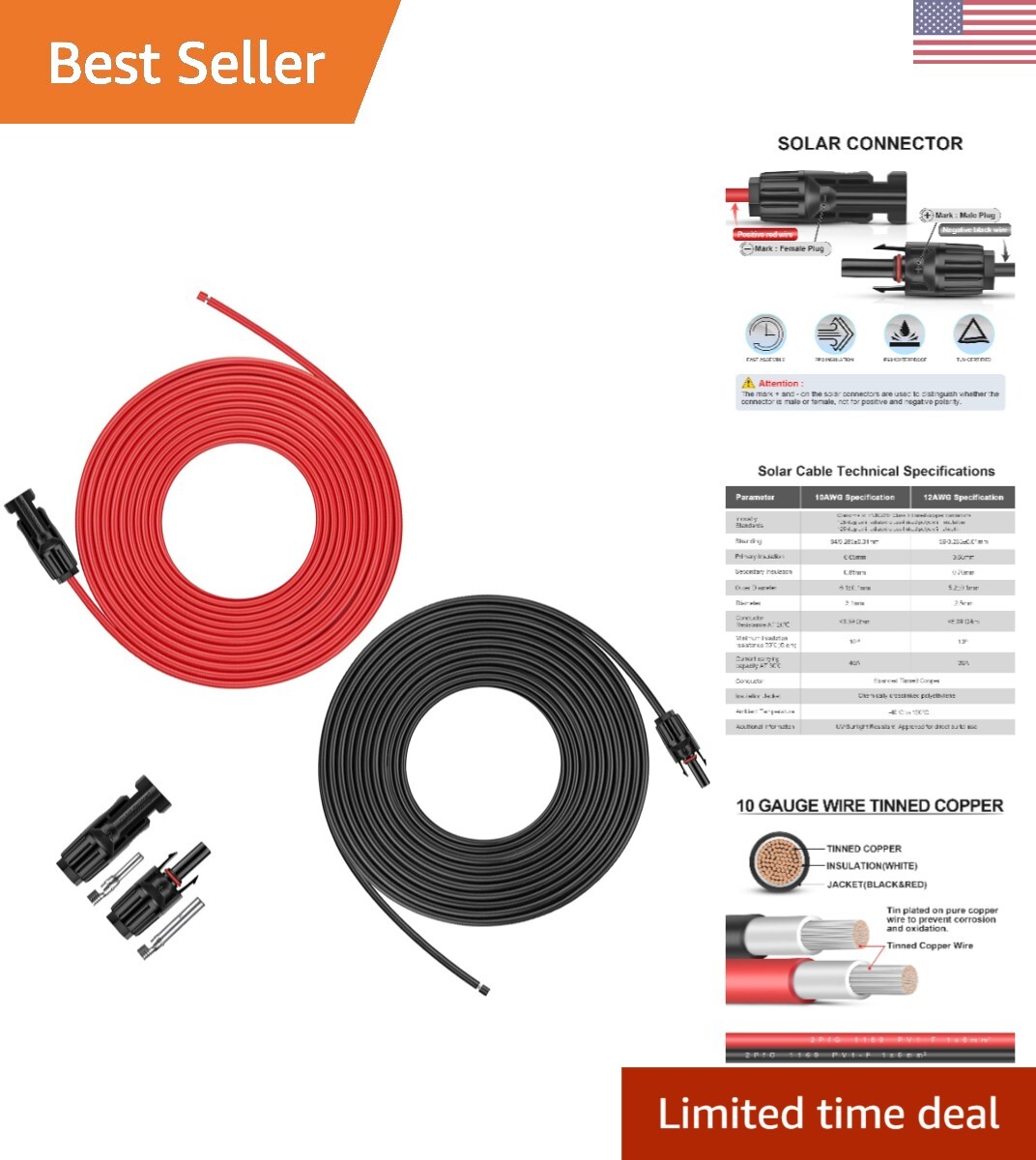 Solar Panel Extension Cable – 30 Feet 10AWG6mm² Solar Extension Cable with Fe…