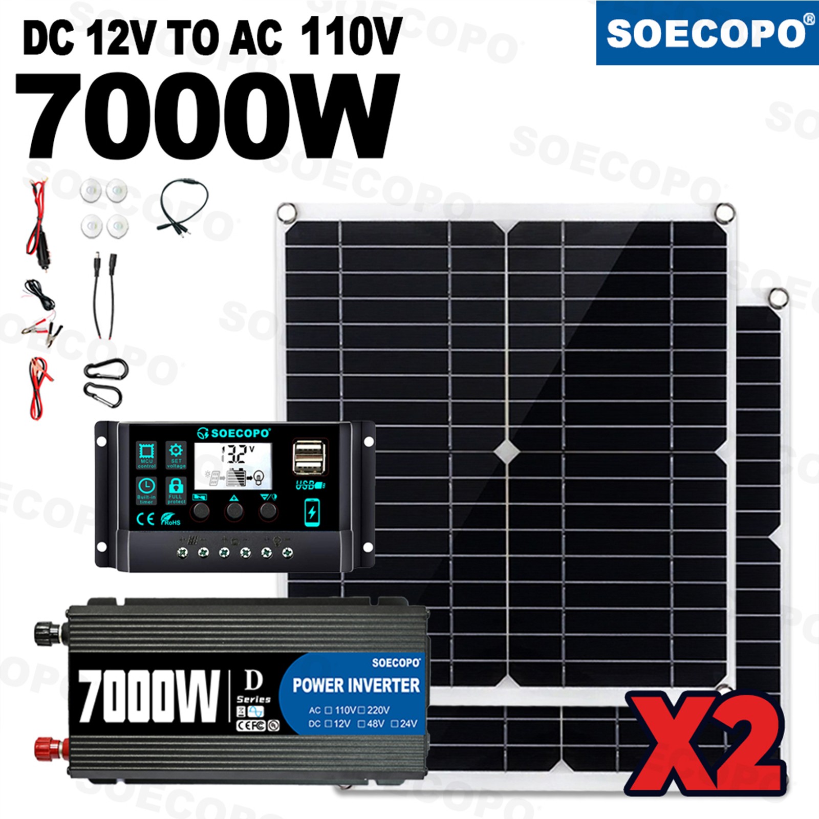 Complete 7000W Off-Grid Solar Kit 7000W Inverter 2pcs 300W Solar Panels 110V US