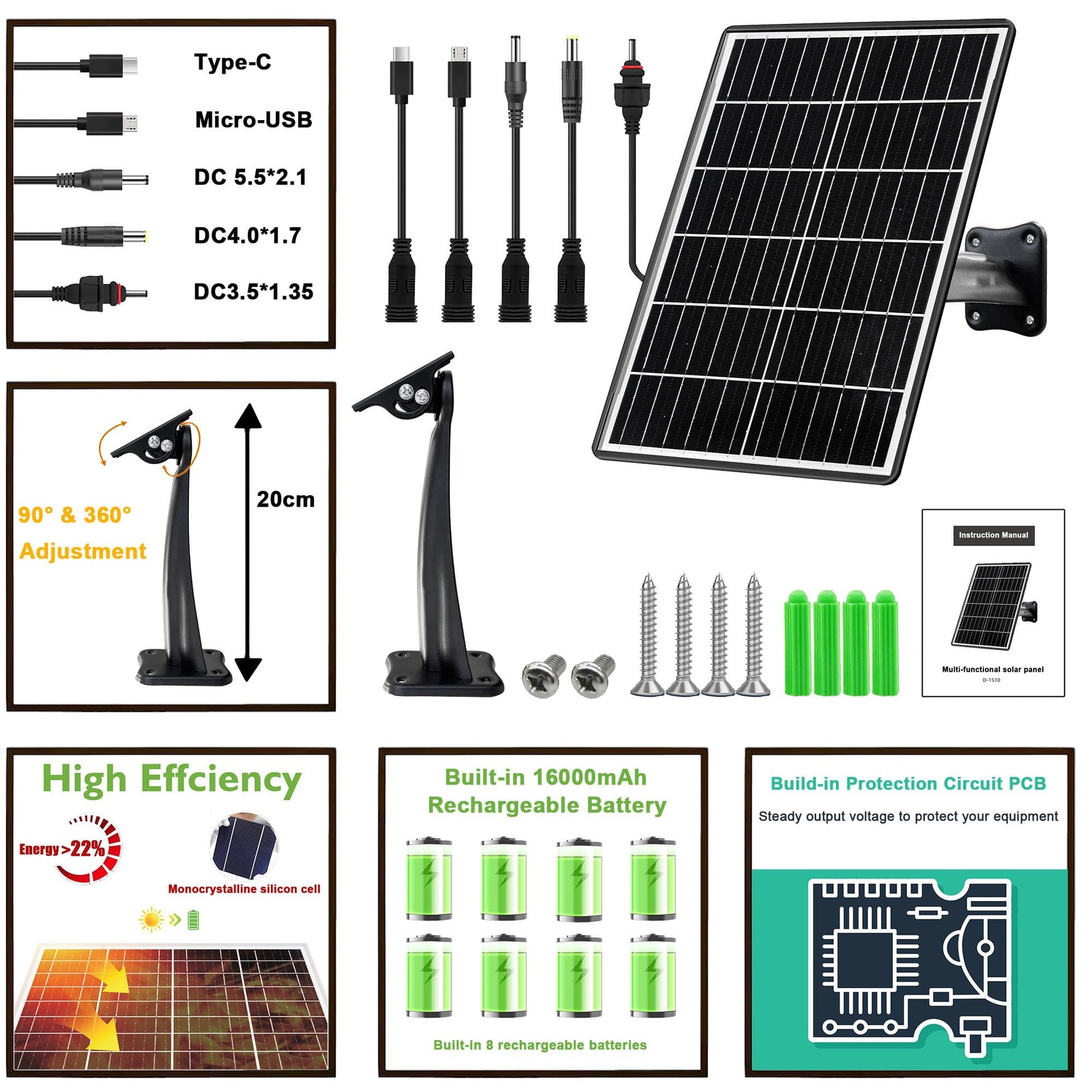 15W Solar Panel Kit with Built-in 16000mAh Battery Voltage: 5V/6V/9V/12V