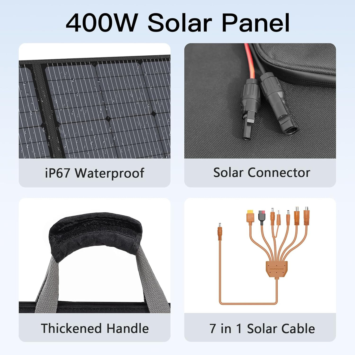 400W Portable Solar Panel, IP67 Waterproof Foldable Solar Charger, High 23.5% Ef