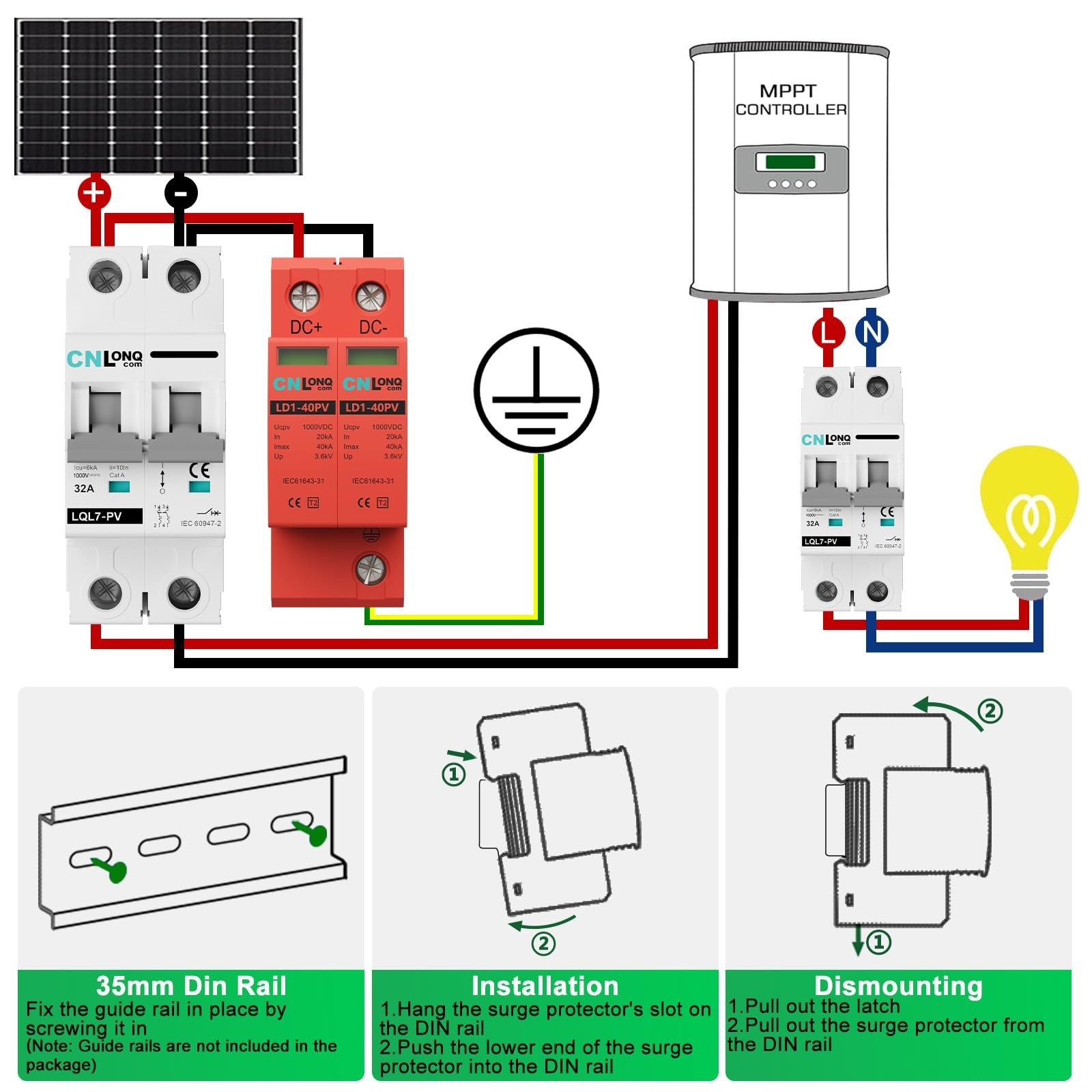 Solar PV DC 1000V 40KA Surge Protector Lightning Arrester 2Pc DIN Rail