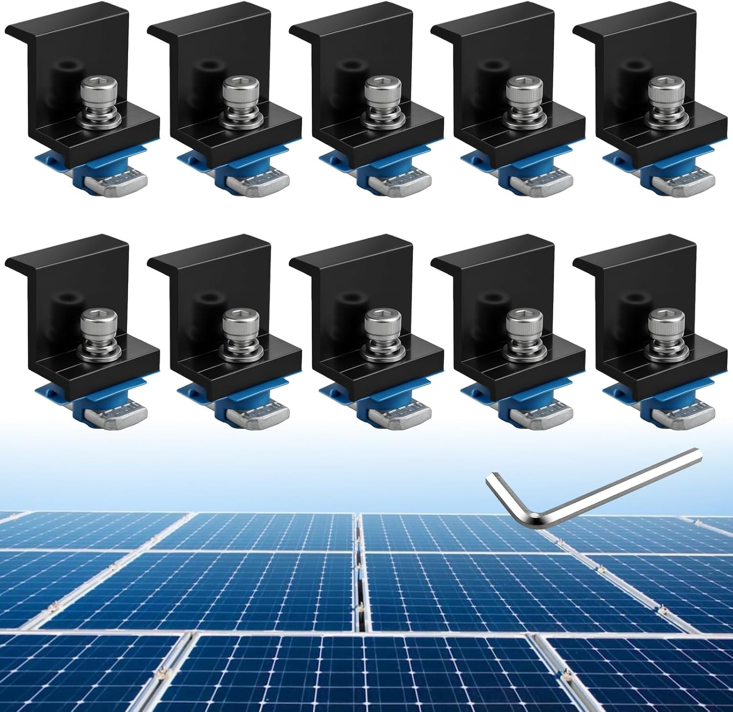 10-Pack Solar Panel End Clamps for Unistrut, Aluminum Mounting Kit, Black