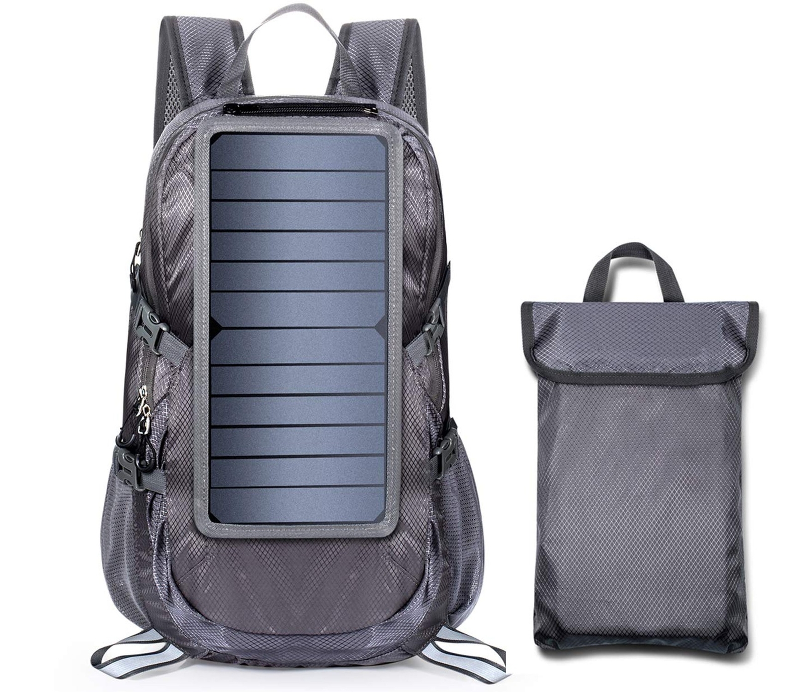 Solar Backpack Foldable Hiking Daypack With 5V Power Supply Grey