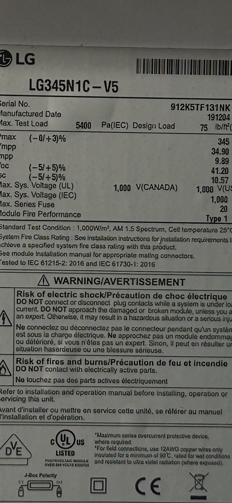 LG LG345N1C-V5 Solar Module Label MC4 1000V Max 20A Overcurrent Device