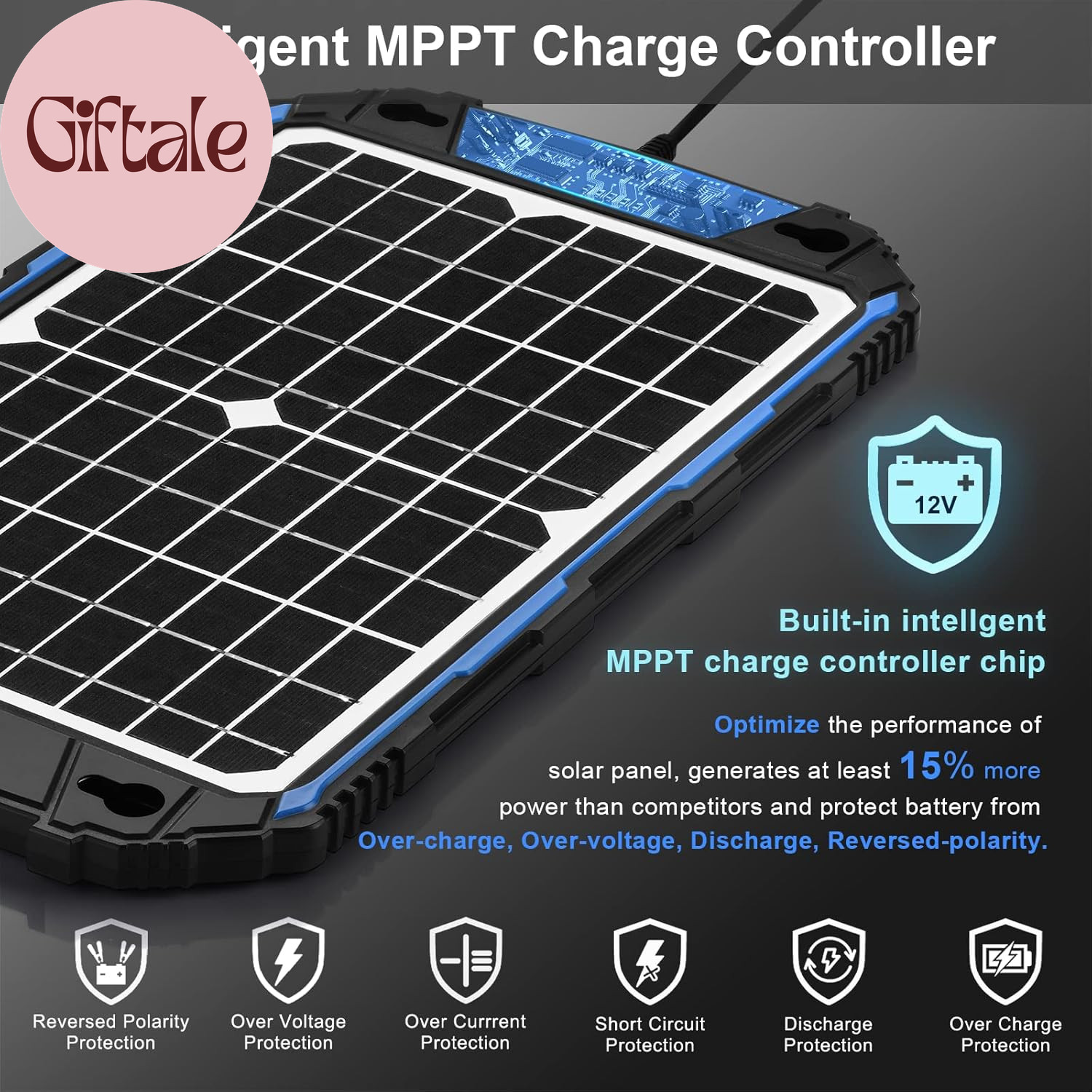 Waterproof 12W 12V Solar Battery Charger & Maintainer Pro, Built-In Ultrasmart M