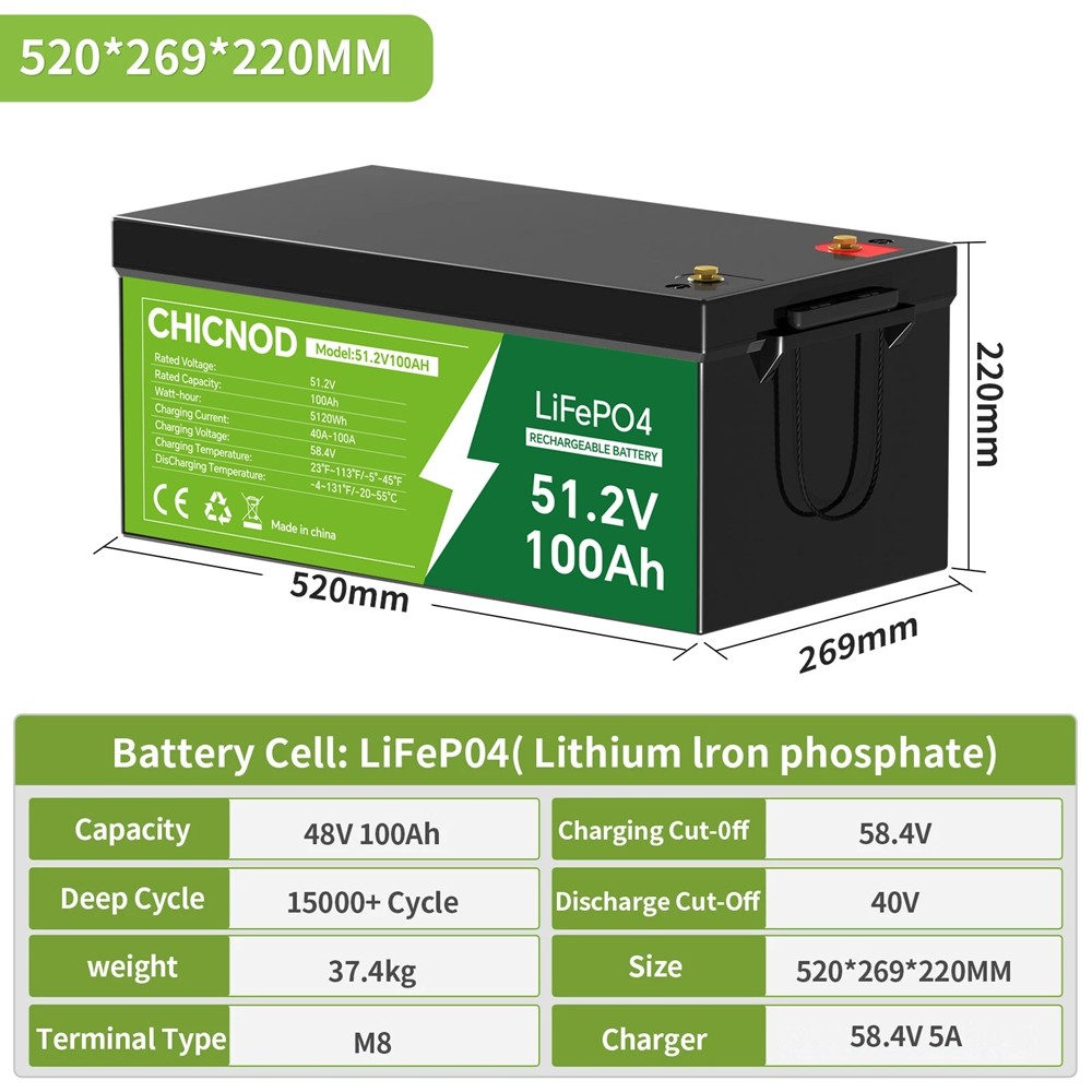 CHICNOD 48V100Ah LiFePO4 Bluetooth Battery w/ 58.4V 20A Charger for Golf Cart RV