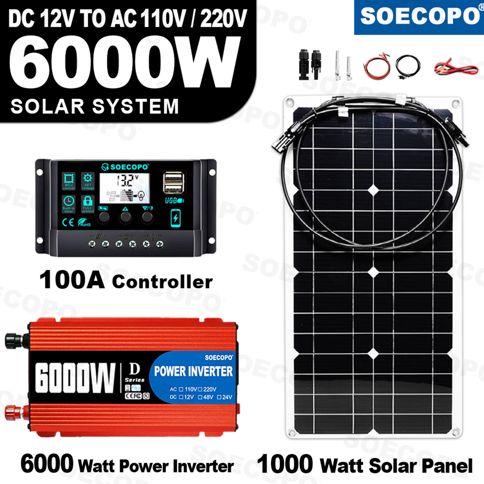 SOECOPO 6000W Solar System Kit,100A Controller, 12V DC to 110V/220V