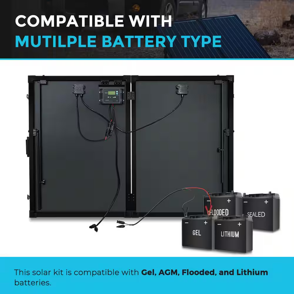 200-Watt 12 Volt Monocrystalline Solar Panel Suitcase 20A Waterproof PWM Charger