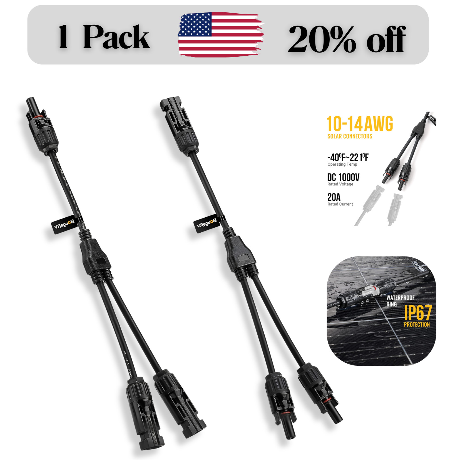 Solar Y Branch Connector Adapter Cable Kit MC4 Parallel Plug IP67 20A 1000V