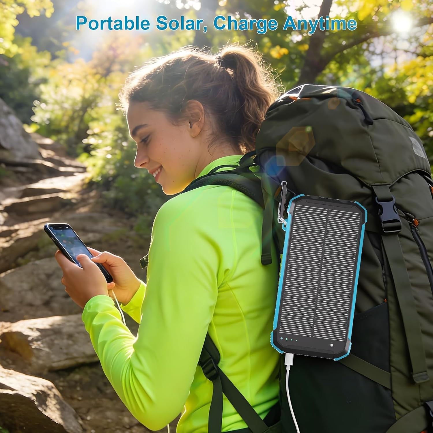 Solar Power Bank 20000mAh, Wireless Fast Charging, 3-in-1 Cables, Blue