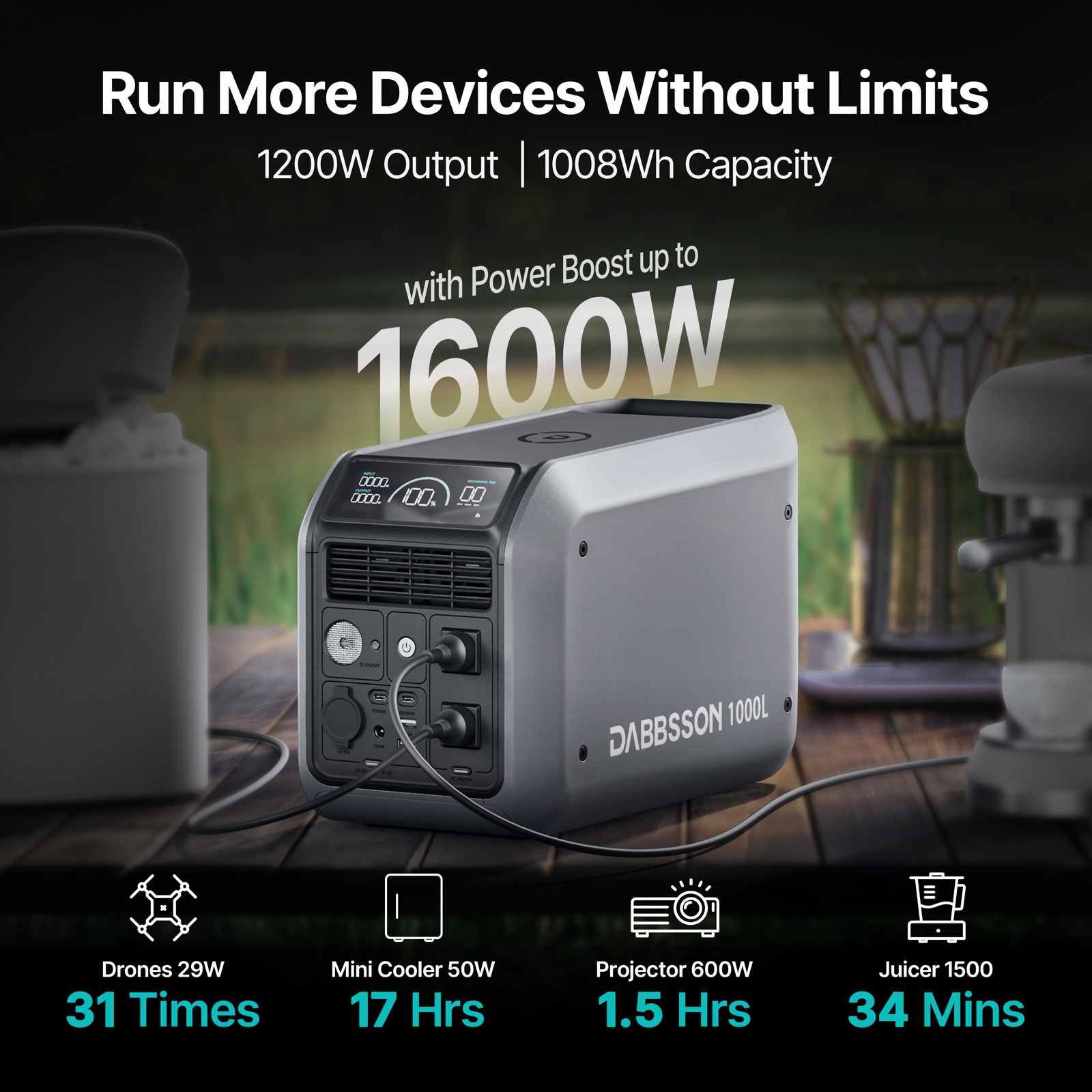 Dabbsson 1008Wh 1200W Portable Power Station Solar Generator for Camping Home US