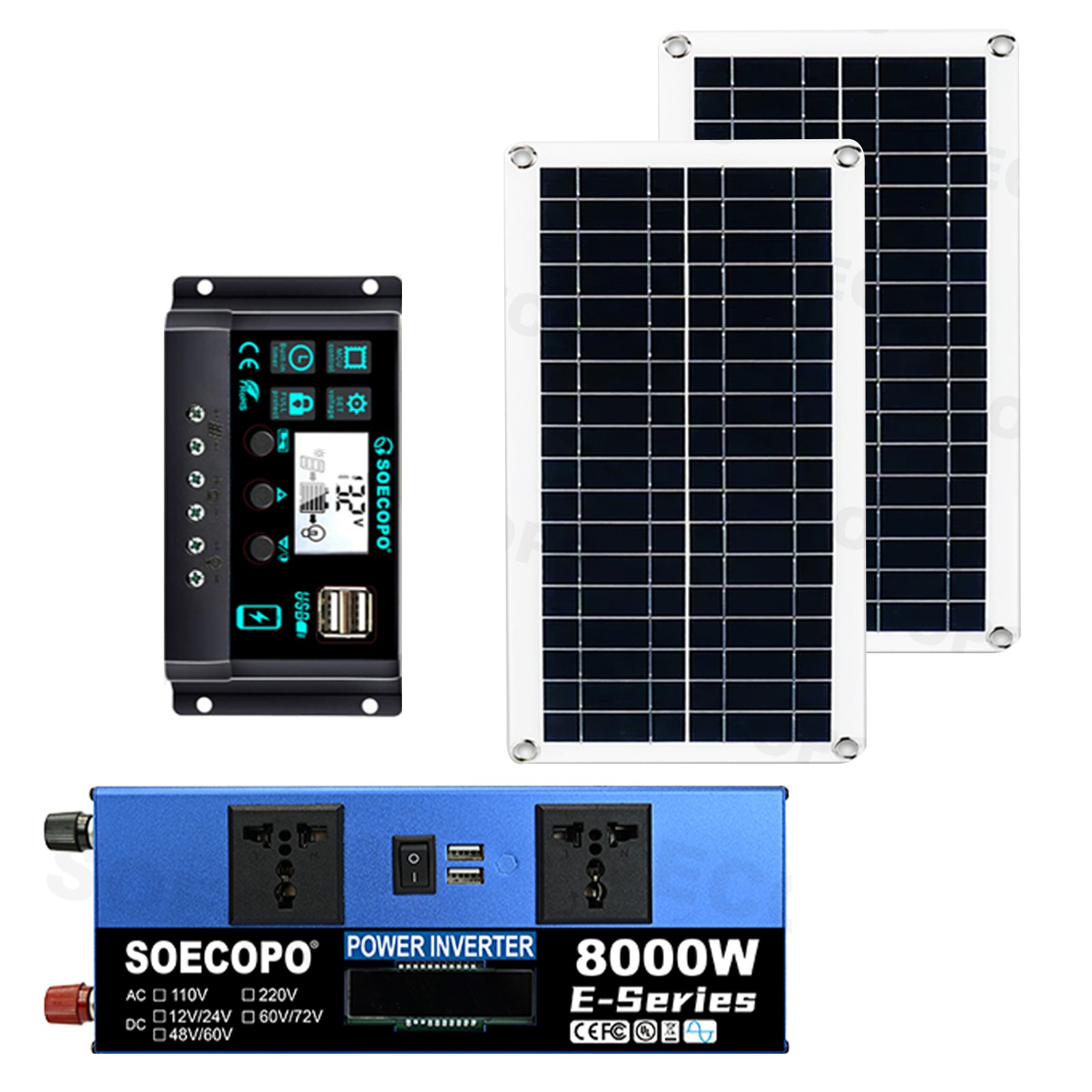 8000W Solar Power Kit Inverter, 2pcs 200W Solar Panels & 100A Controller