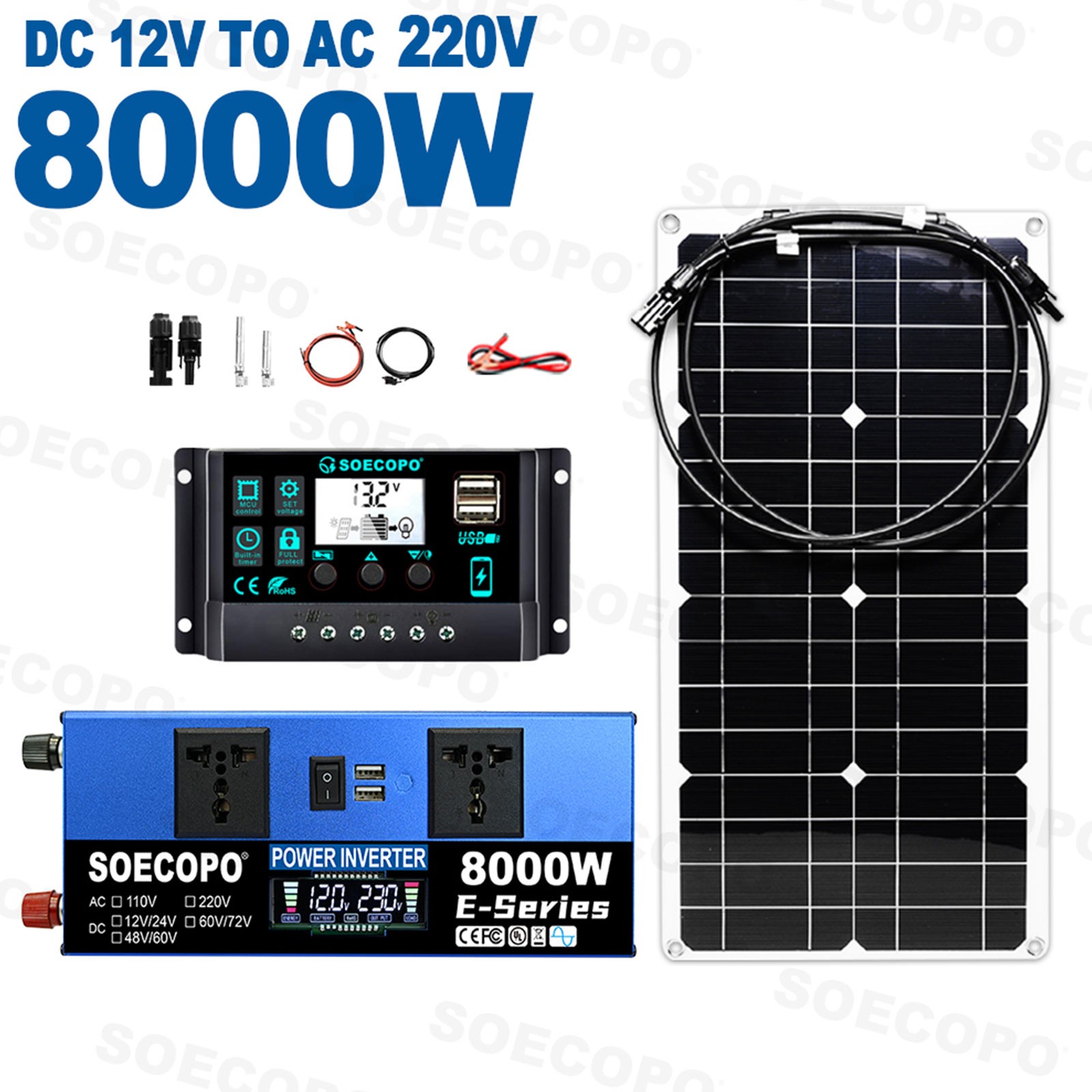 SOECOPO 8000W Peak Solar System Kit Flexible Panel 100A Controller DC12/24V 110V