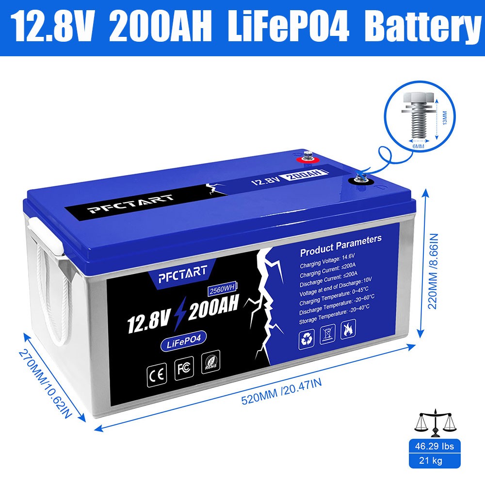 PFCTART 12V 200AH LiFePO4 Deep Cycle Lithium Battery for RV Camping Off-Grid Car