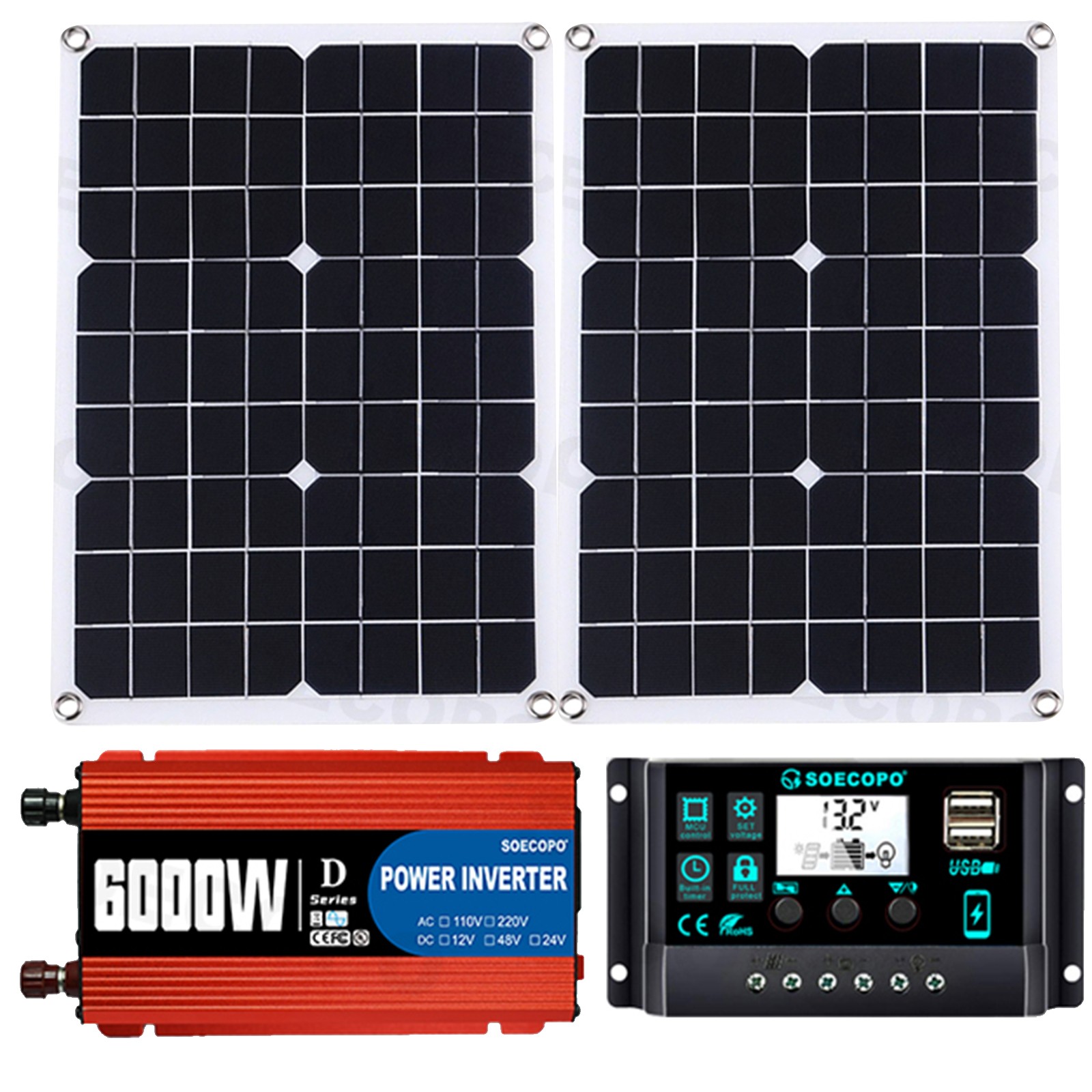 6000W Solar Kit: Inverter (12V to 110V/220V), 2pcs Solar Panels,Controller 100A