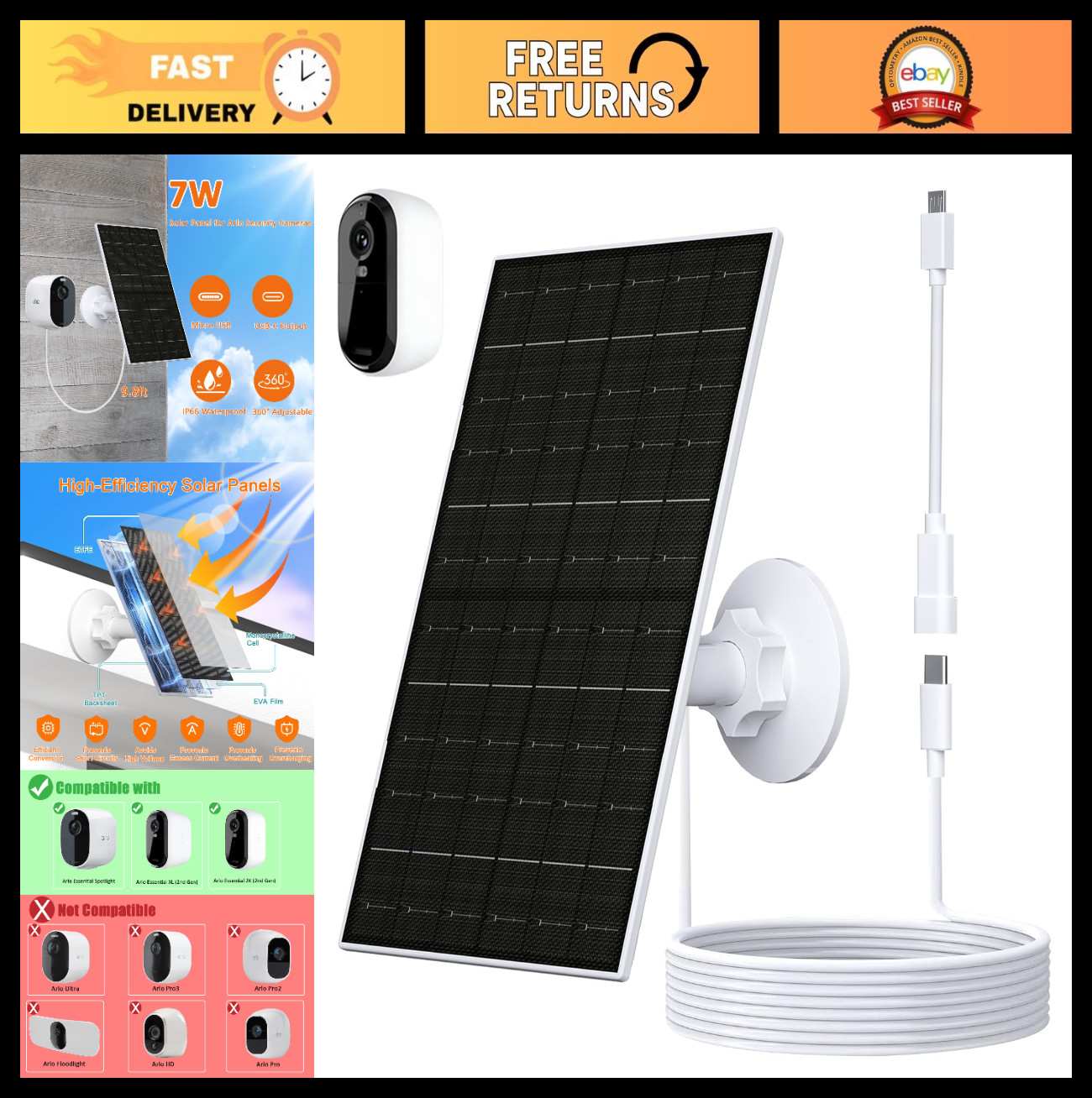 7W Solar Panel for 2K Cameras, USB-C Charger, IP66 Waterproof, 360° Mount, 9.8ft