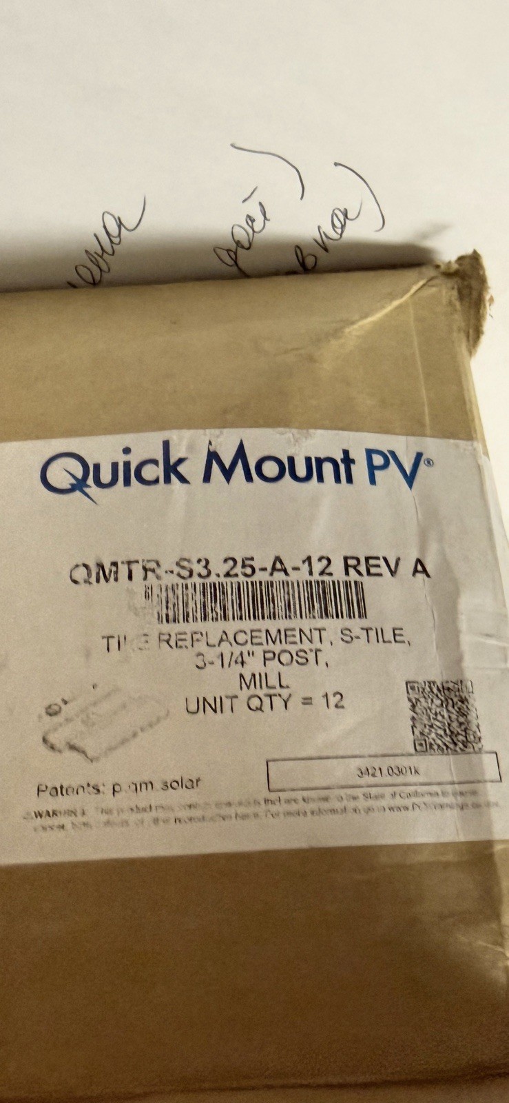 Quick Mount PV QMTR-S3.25-A-12 Rev A, Tile Replacement, S-Tile, 3-1/4”. Qty 12